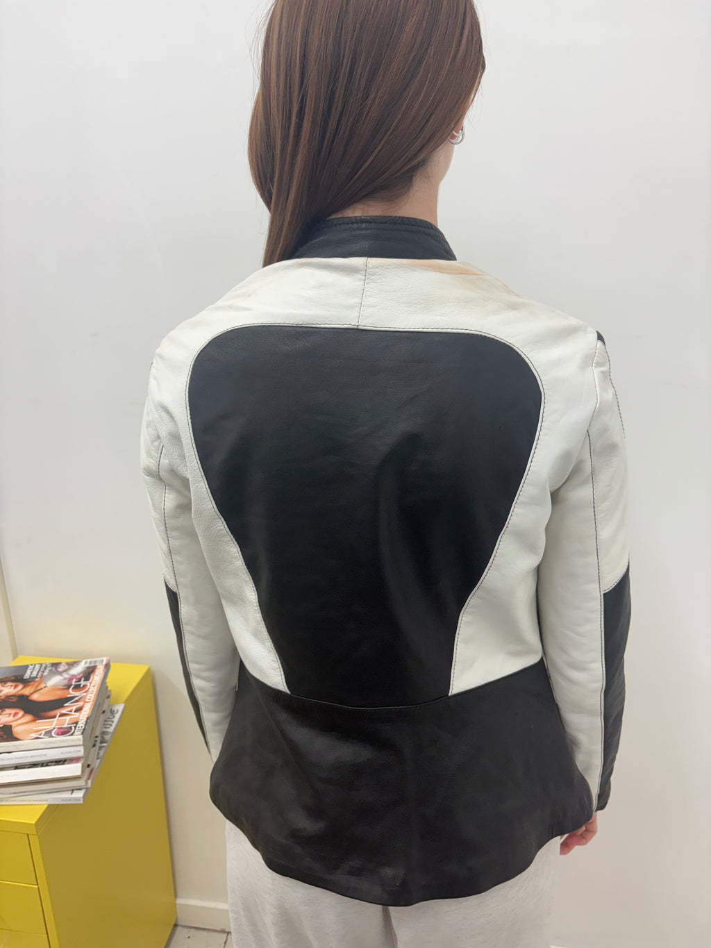 Black White Colour Block Leather Biker Jacket Vintage