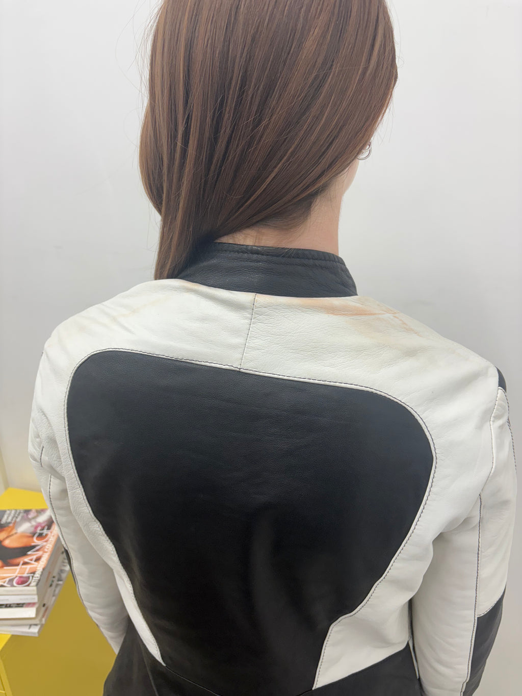 Black White Colour Block Leather Biker Jacket Vintage