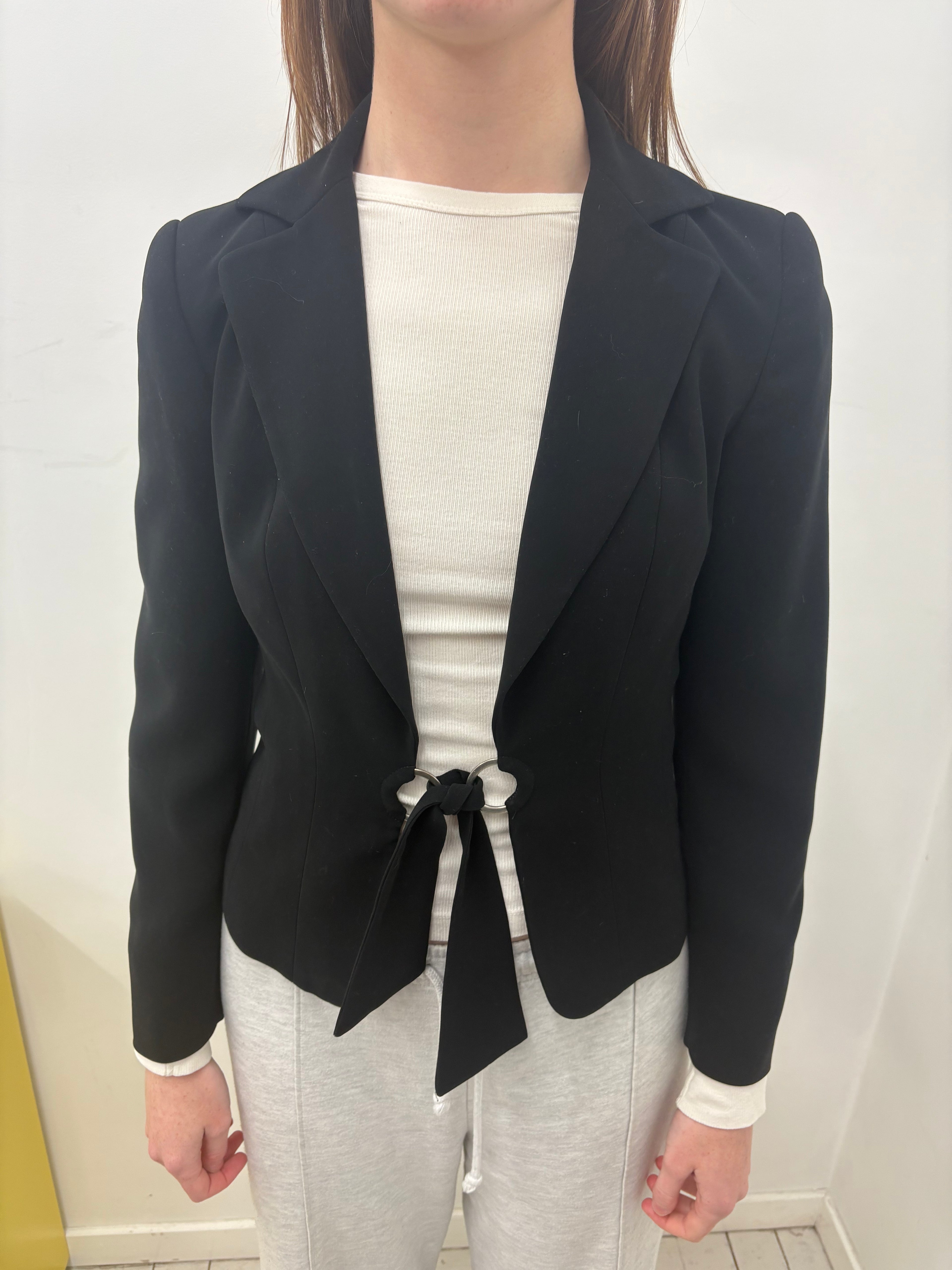 Black Structured Blazer Silver Ring Tie Detail
