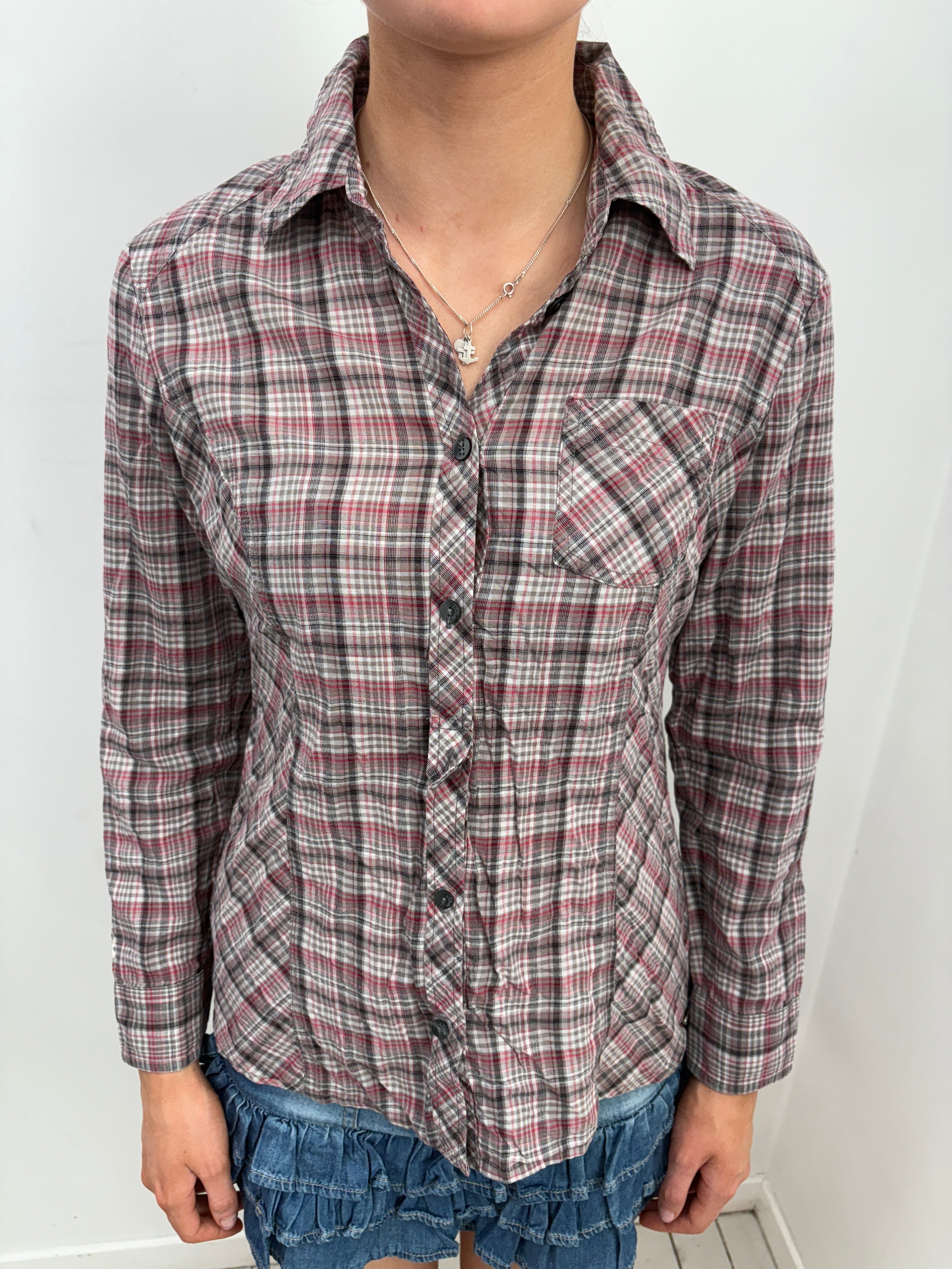 Grey Red Plaid Button Up Shirt