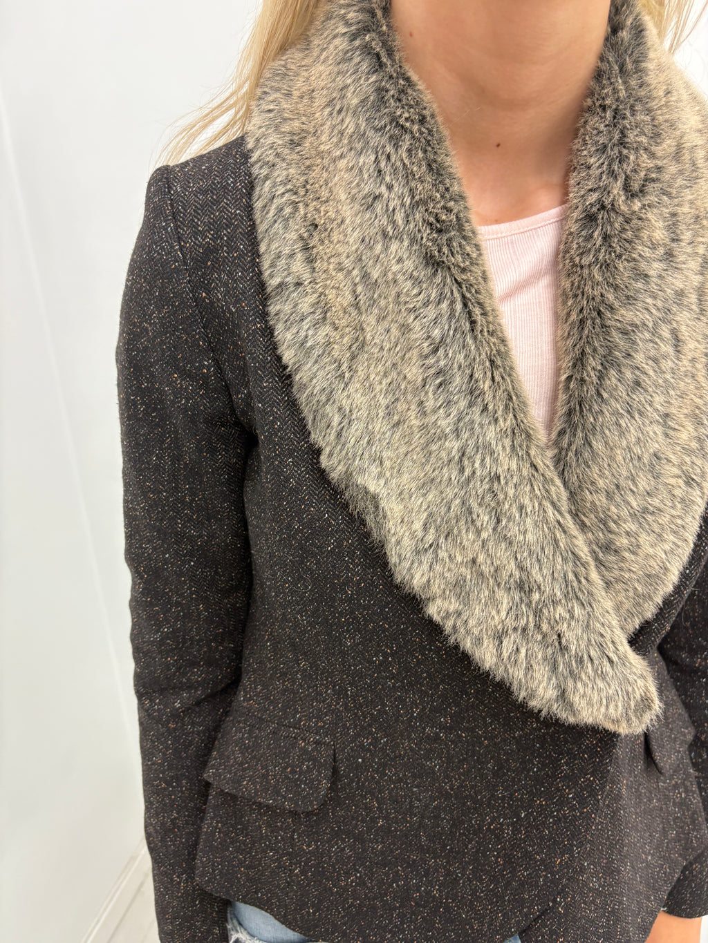 Brown Tweed Blazer with Faux Fur Collar