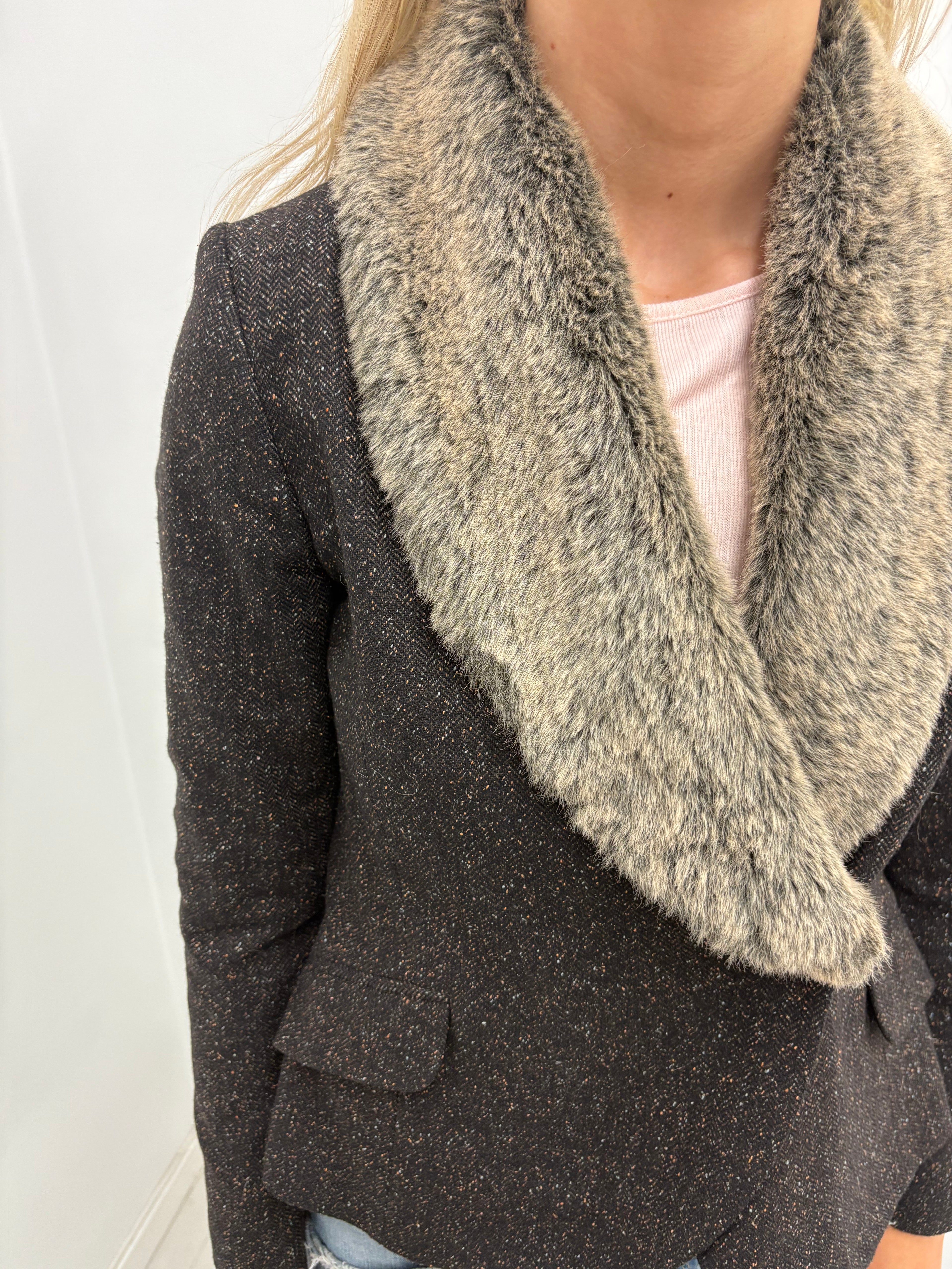Brown Tweed Blazer with Faux Fur Collar