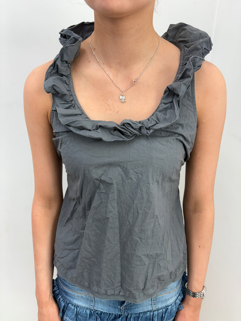 Grey Ruffle Neck Tie Waist Sleeveless Top