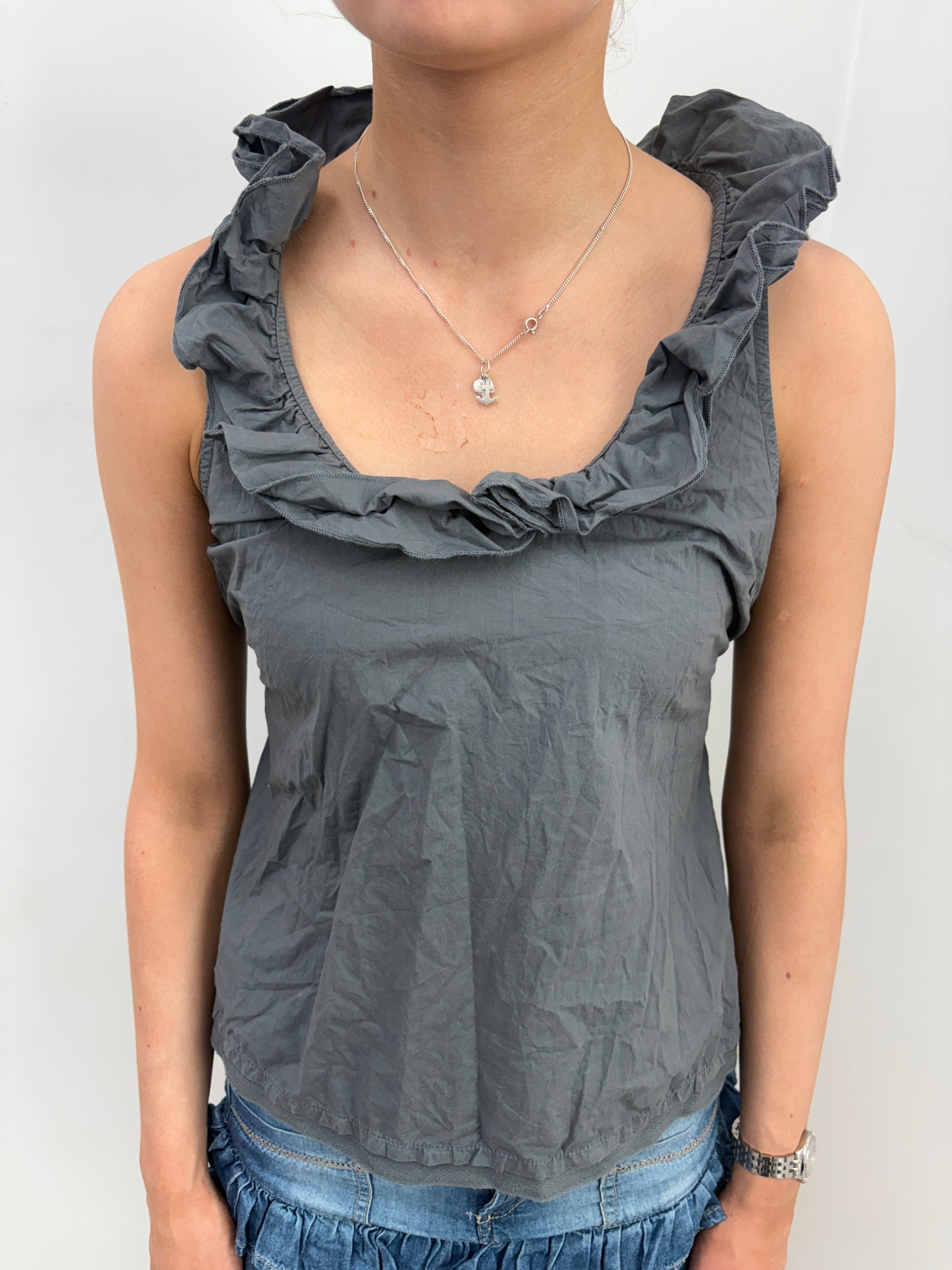 Grey Ruffle Neck Tie Waist Sleeveless Top