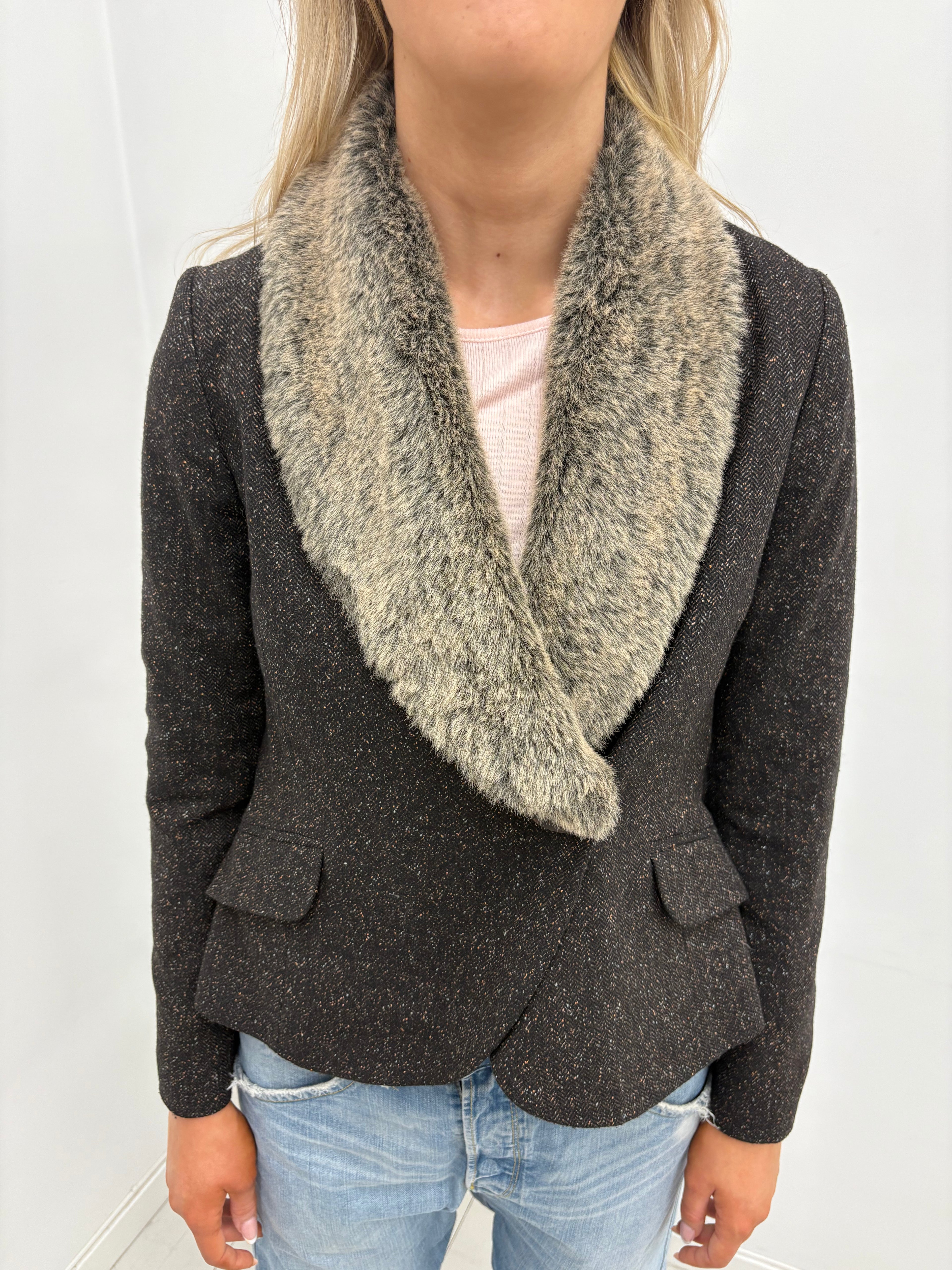 Brown Tweed Blazer with Faux Fur Collar