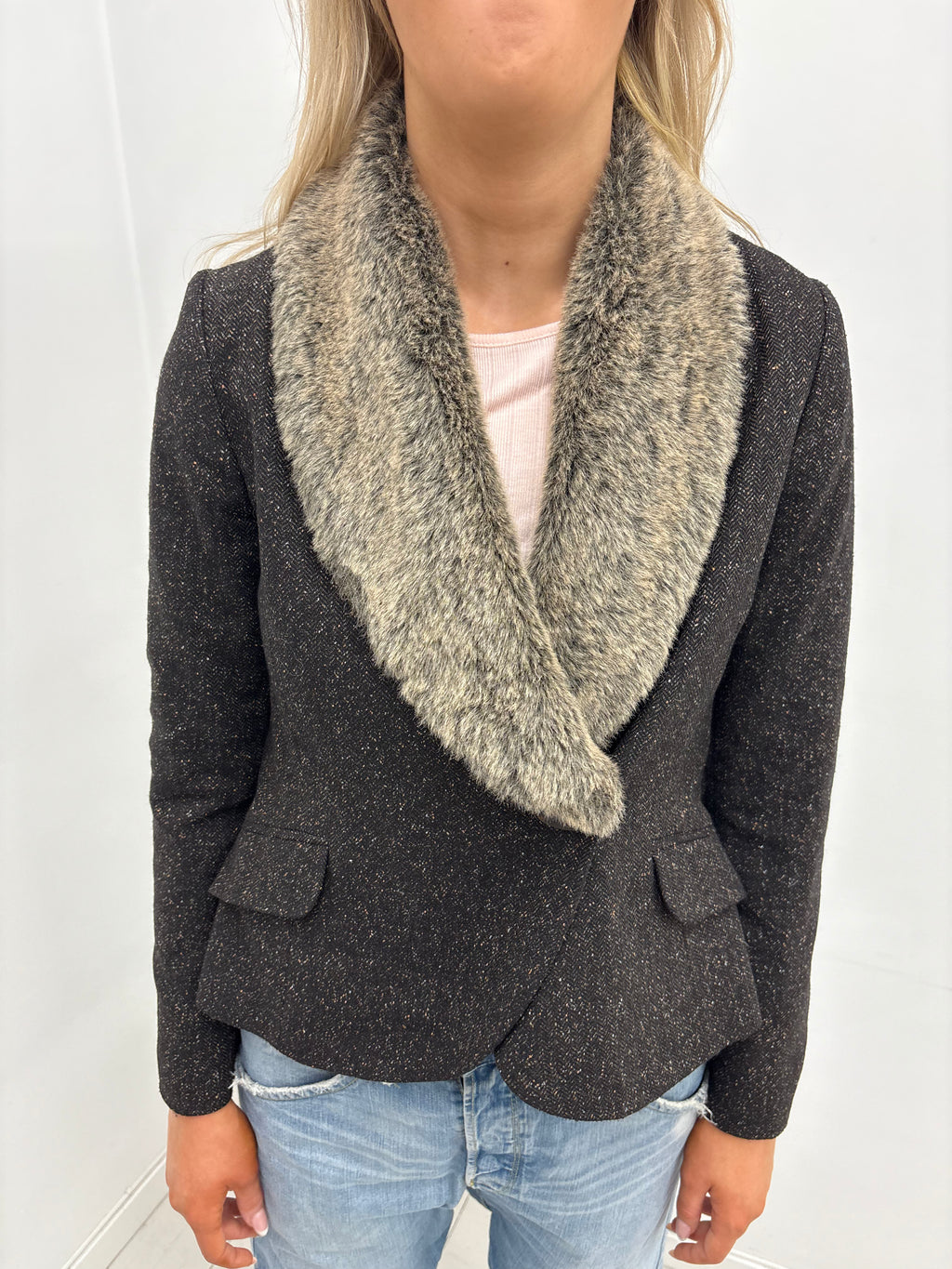 Brown Tweed Blazer with Faux Fur Collar
