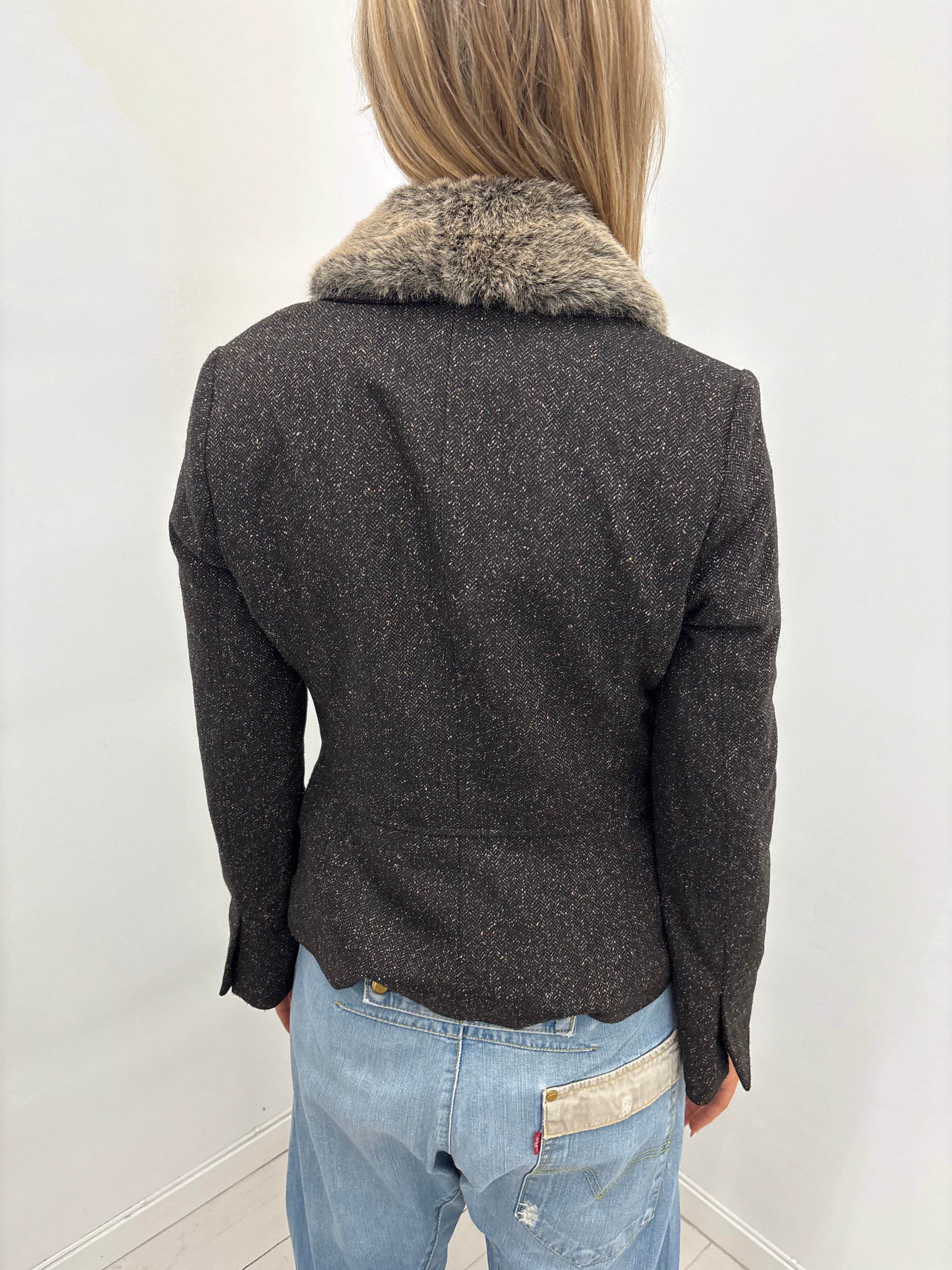 Brown Tweed Blazer with Faux Fur Collar