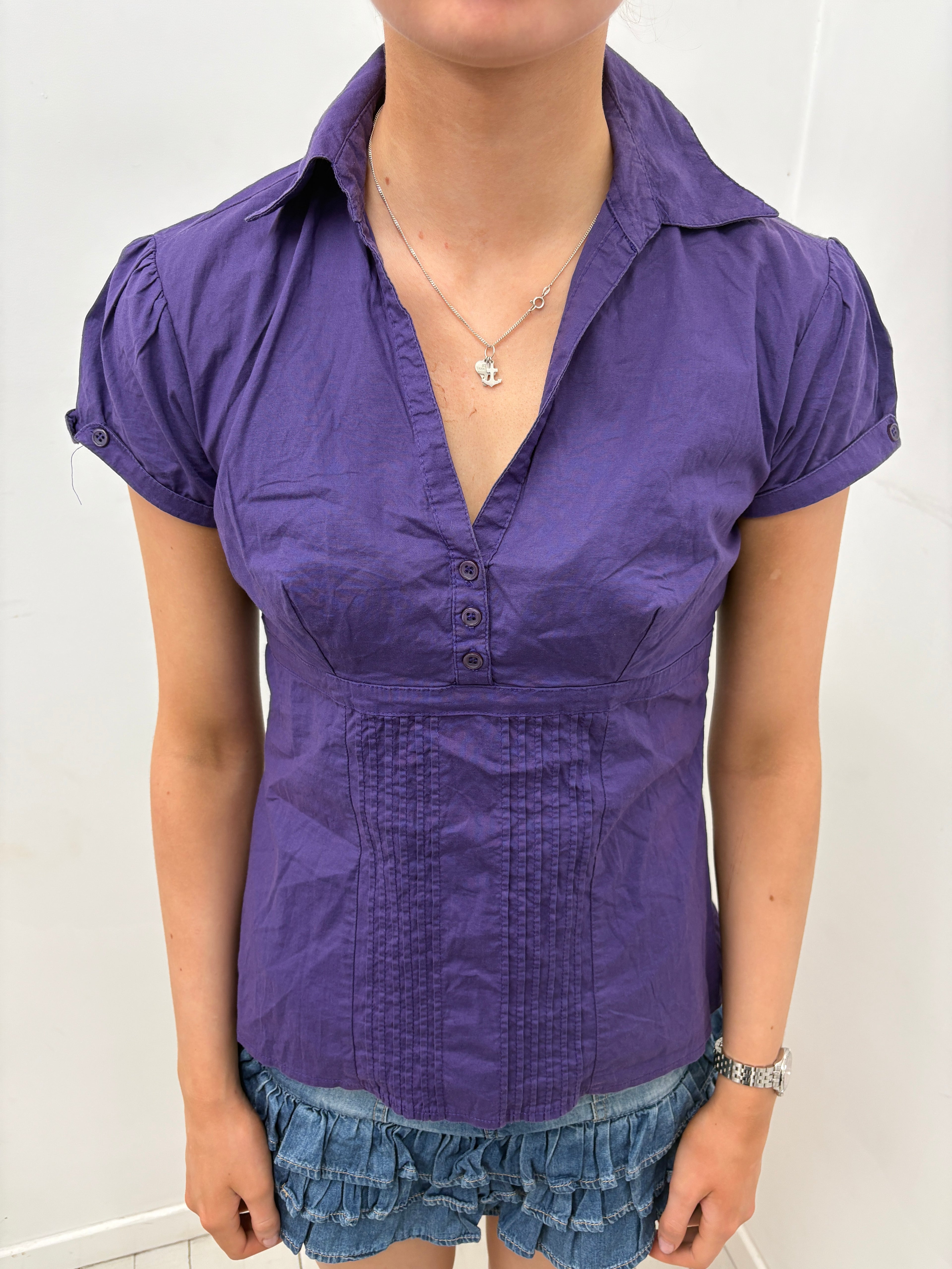 Purple Pintuck Waist V-Neck Blouse