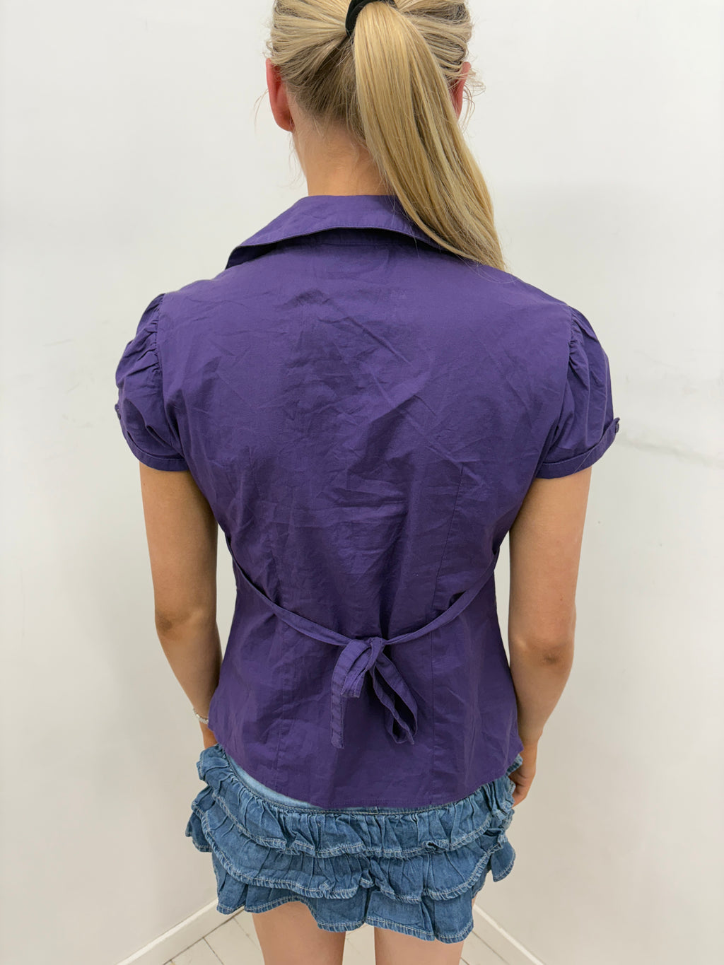 Purple Pintuck Waist V-Neck Blouse
