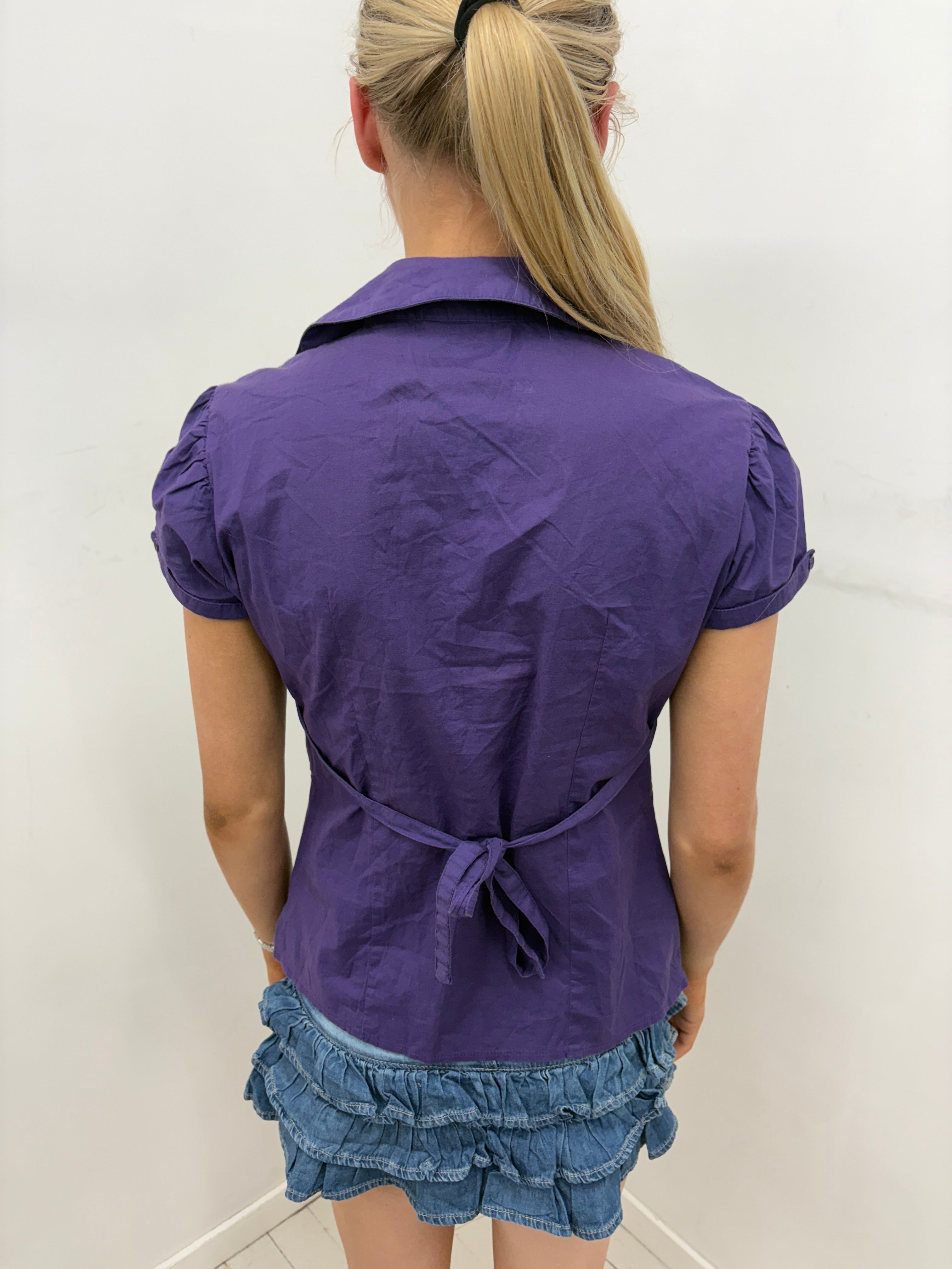 Purple Pintuck Waist V-Neck Blouse