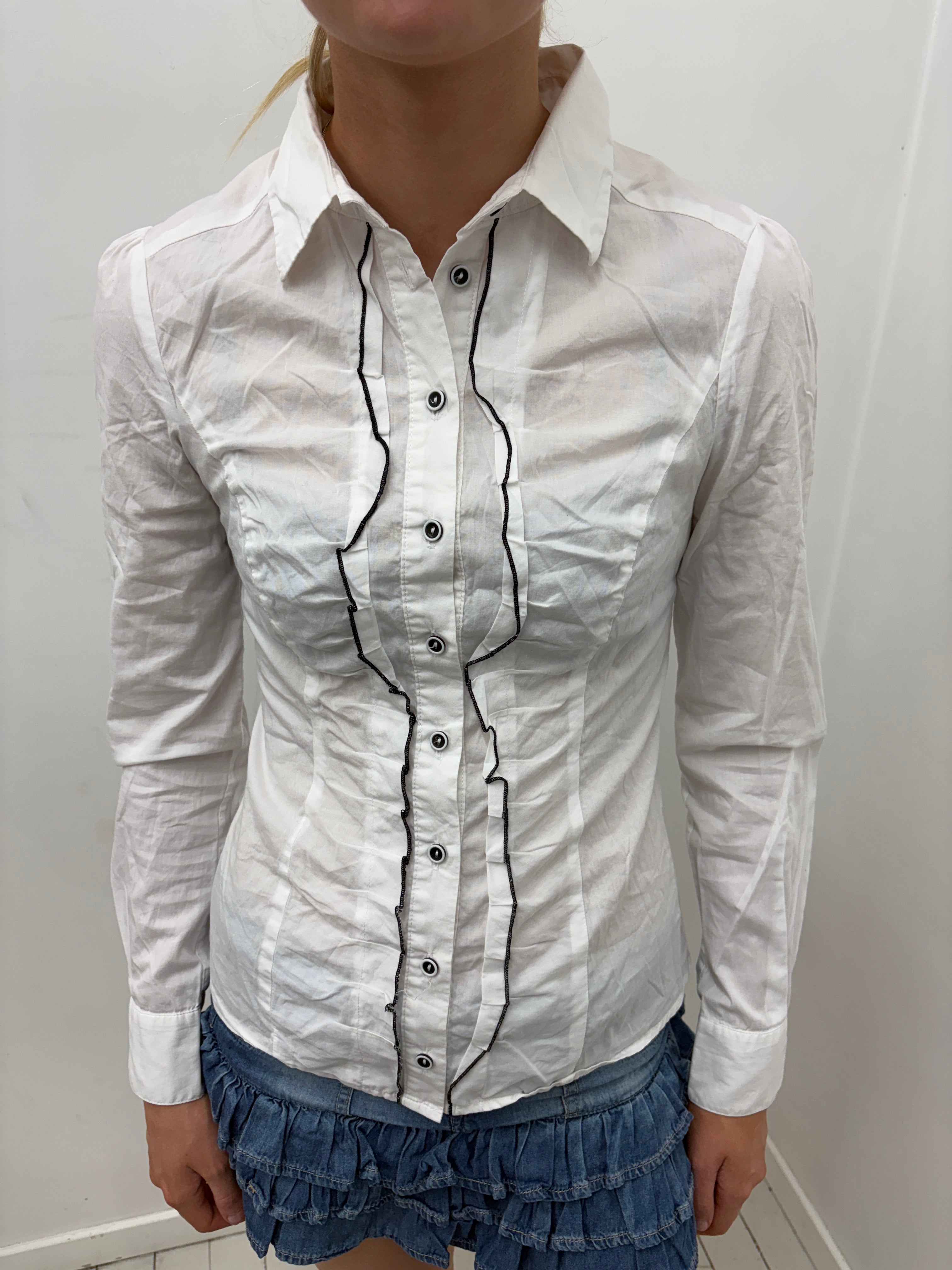 White Beaded Trim Button Up Shirt