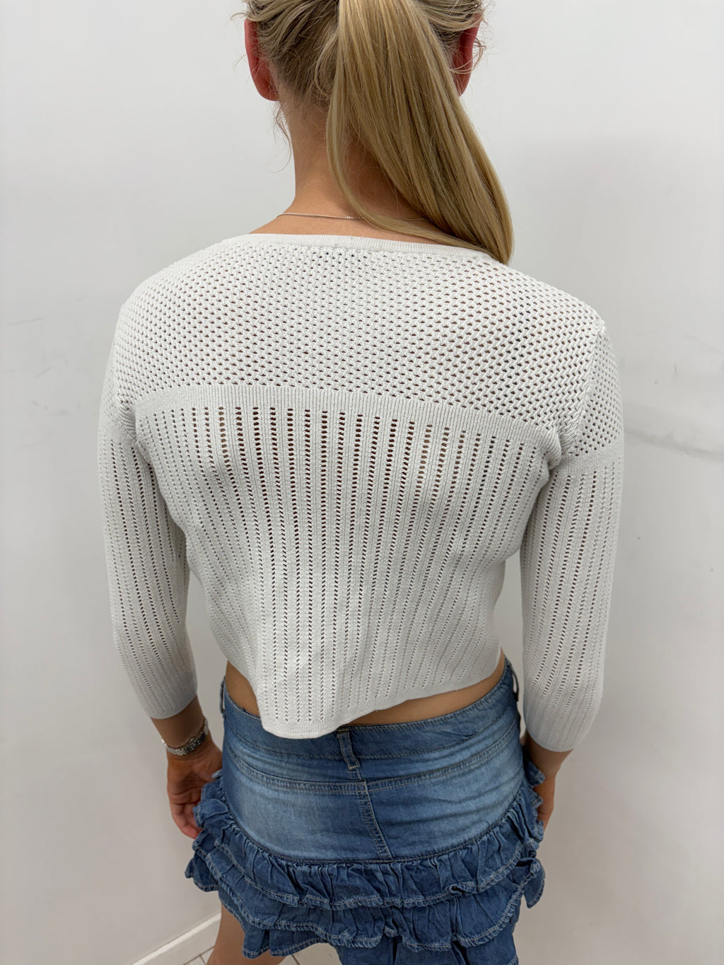 Cream Open Knit Zip Front Top