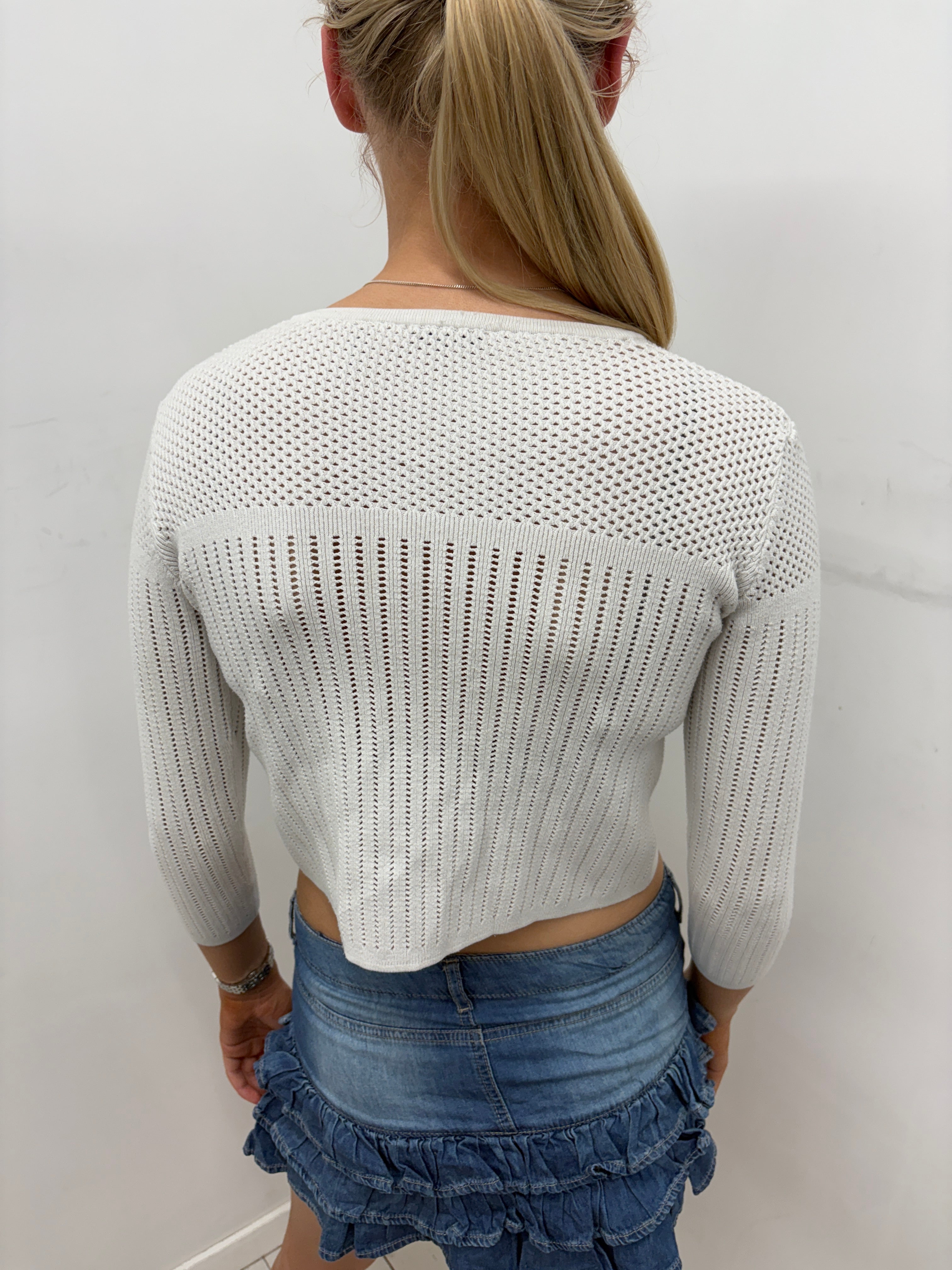 Cream Open Knit Zip Front Top