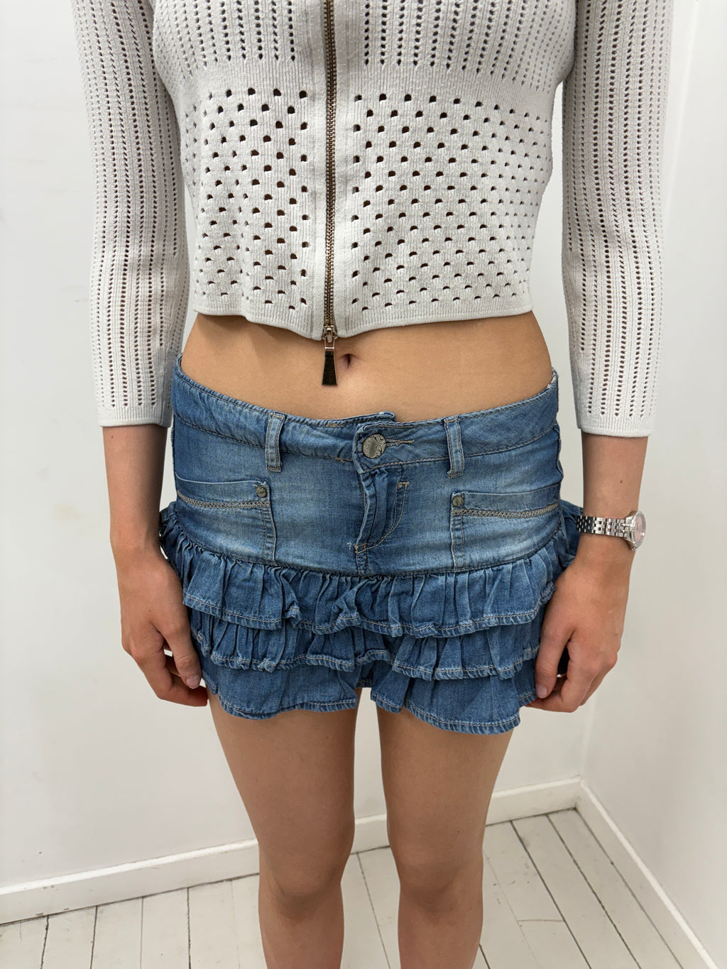 Denim Ruffle Hem Mini Skirt