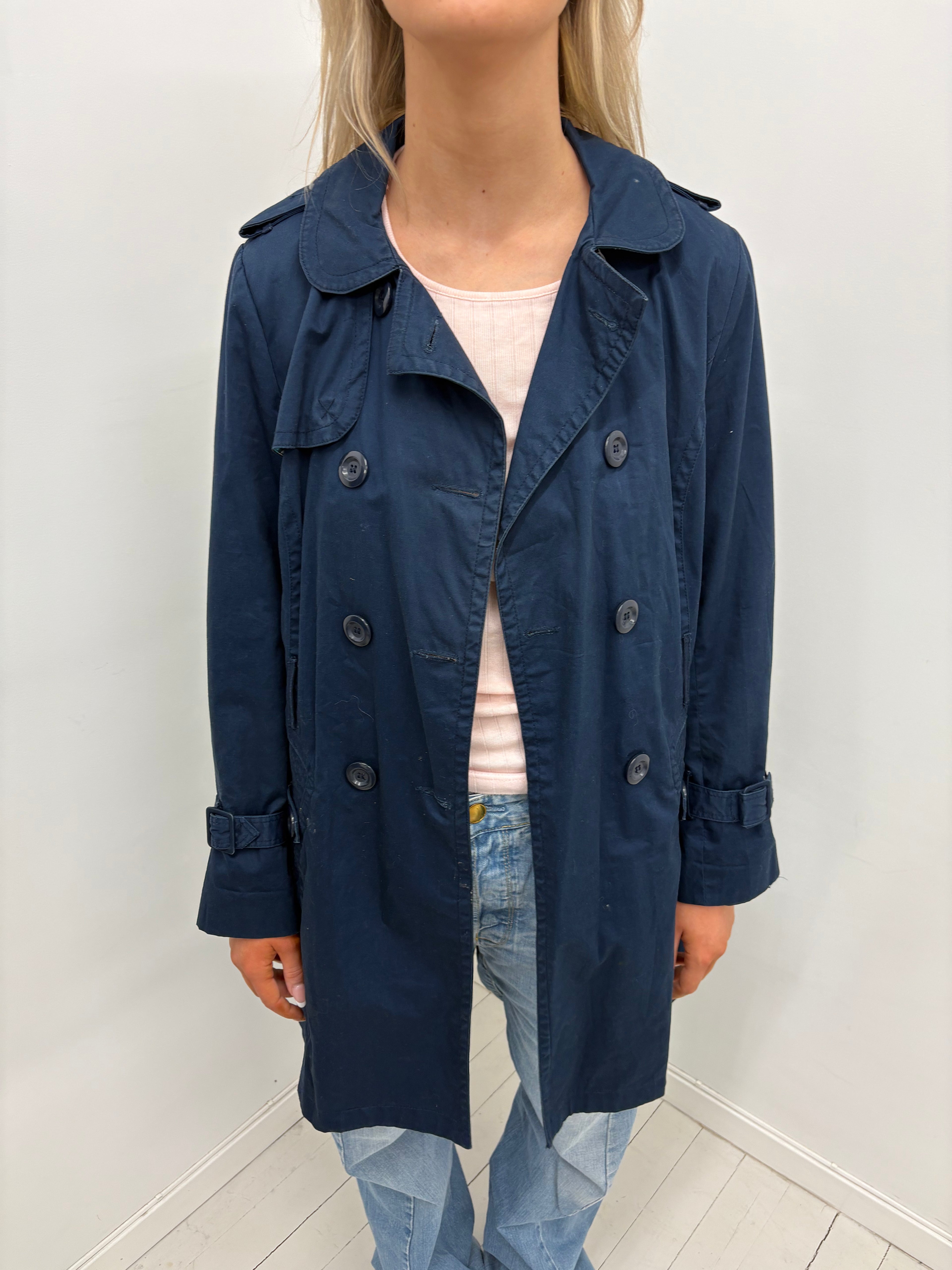 Blue pea trench coat