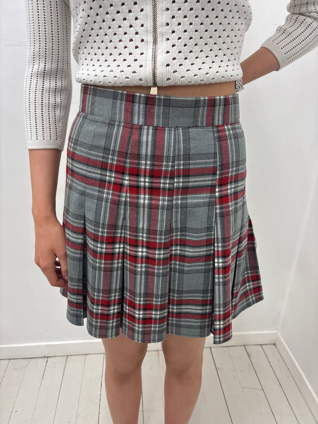 Grey Red Plaid Pleated Mini Skirt