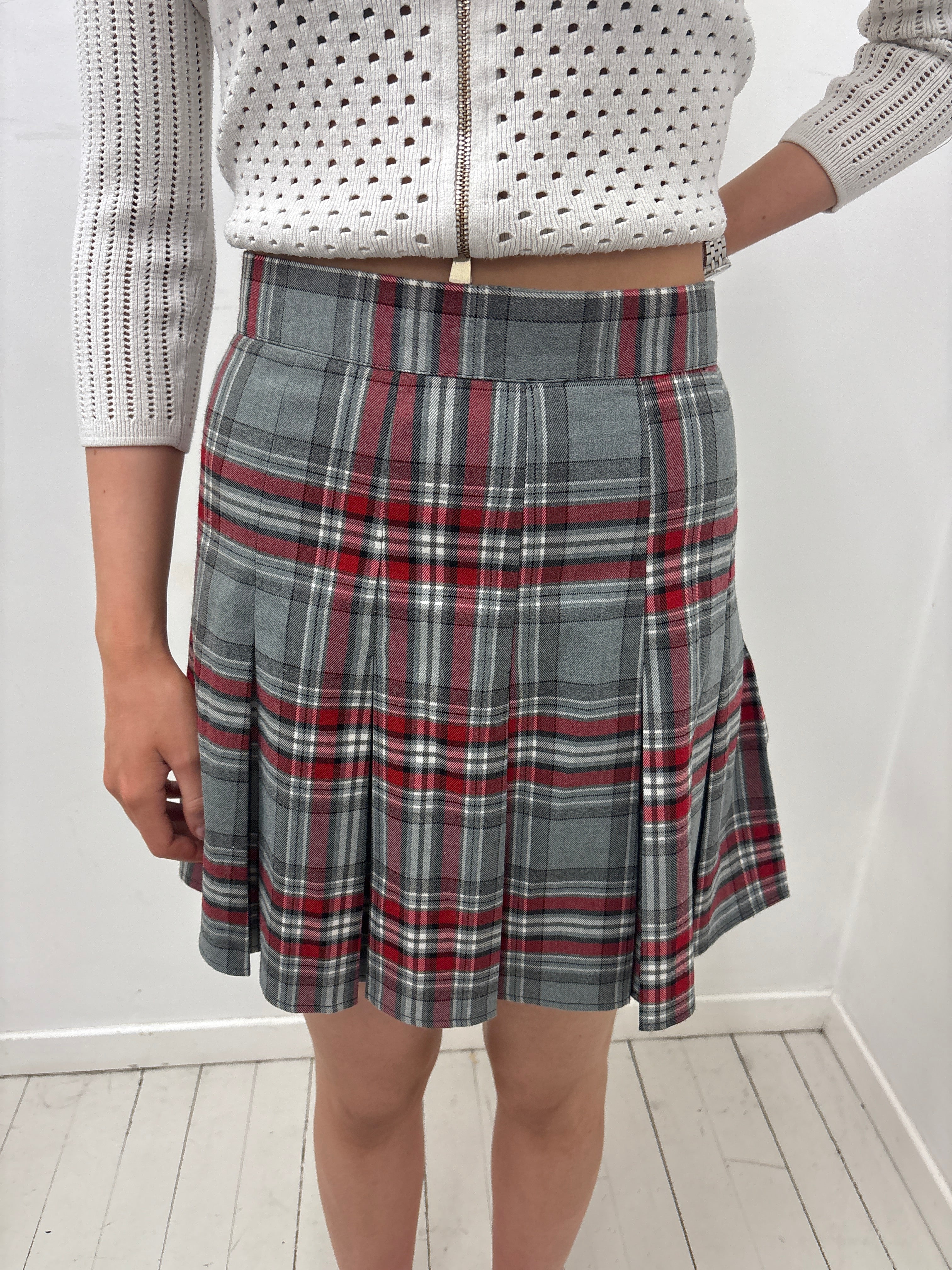 Grey Red Plaid Pleated Mini Skirt