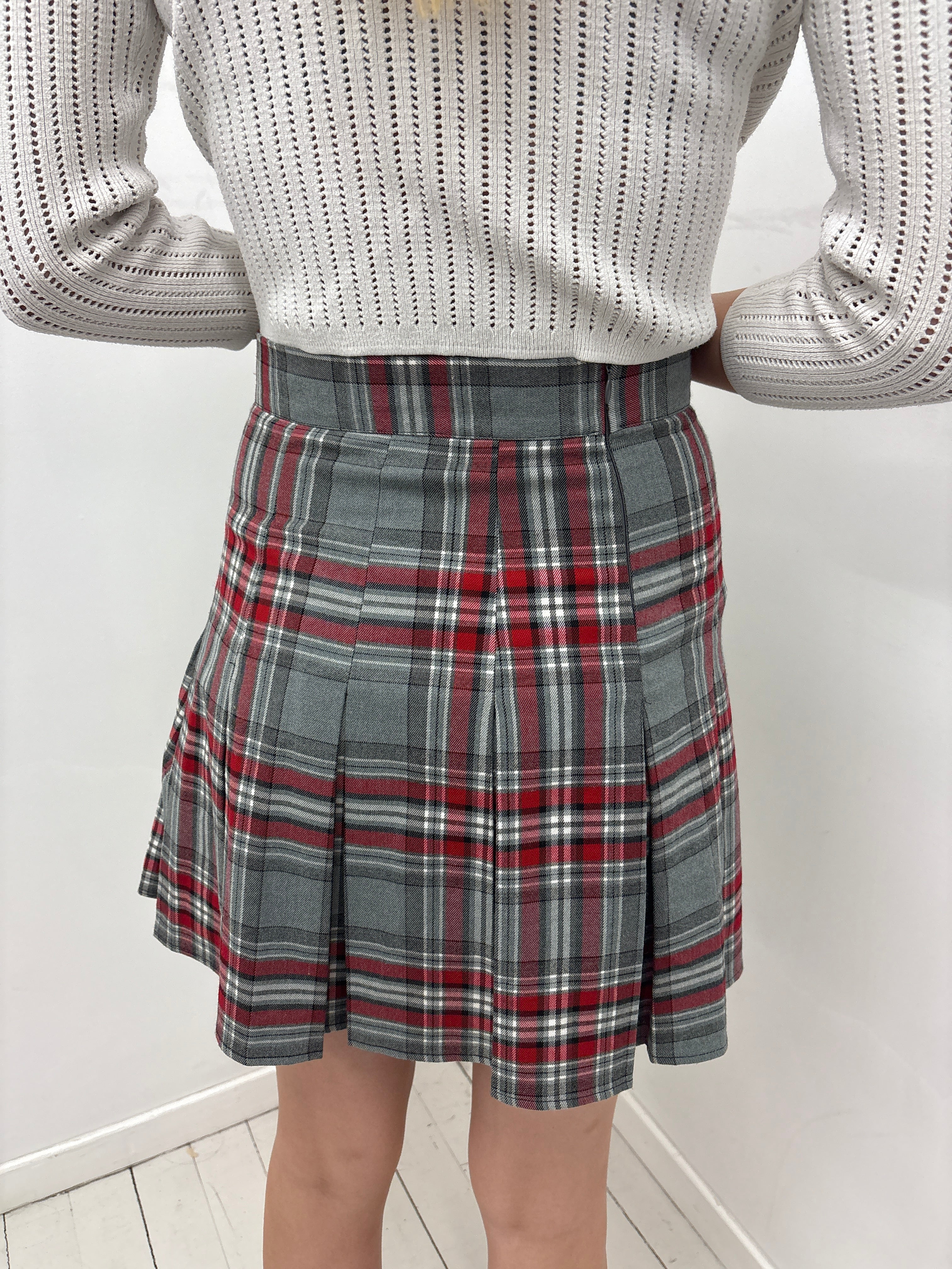 Grey Red Plaid Pleated Mini Skirt