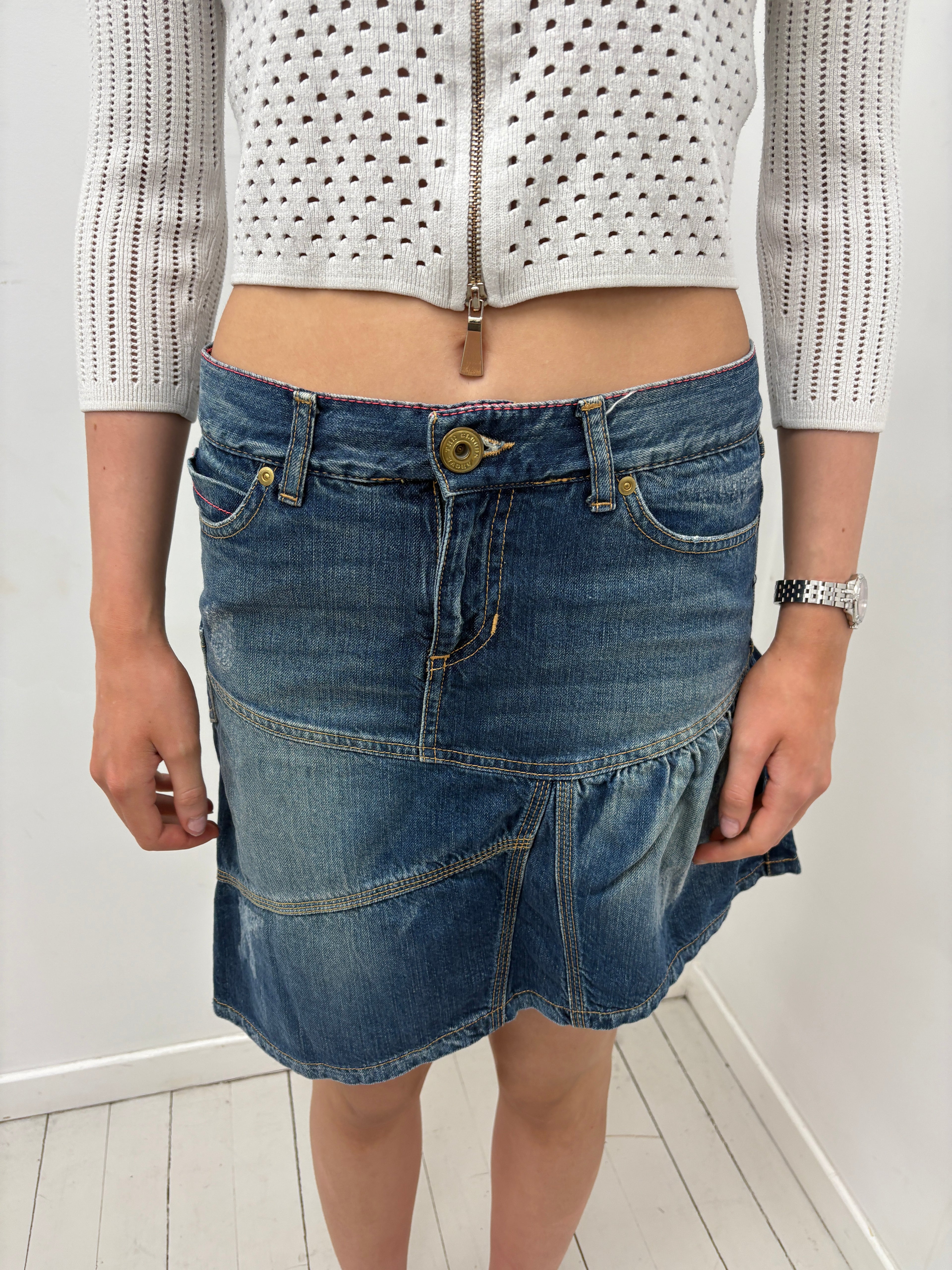 Denim Gathered Peplum Hem Skirt