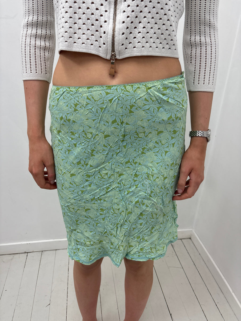 Green Blue Floral Print Midi Skirt