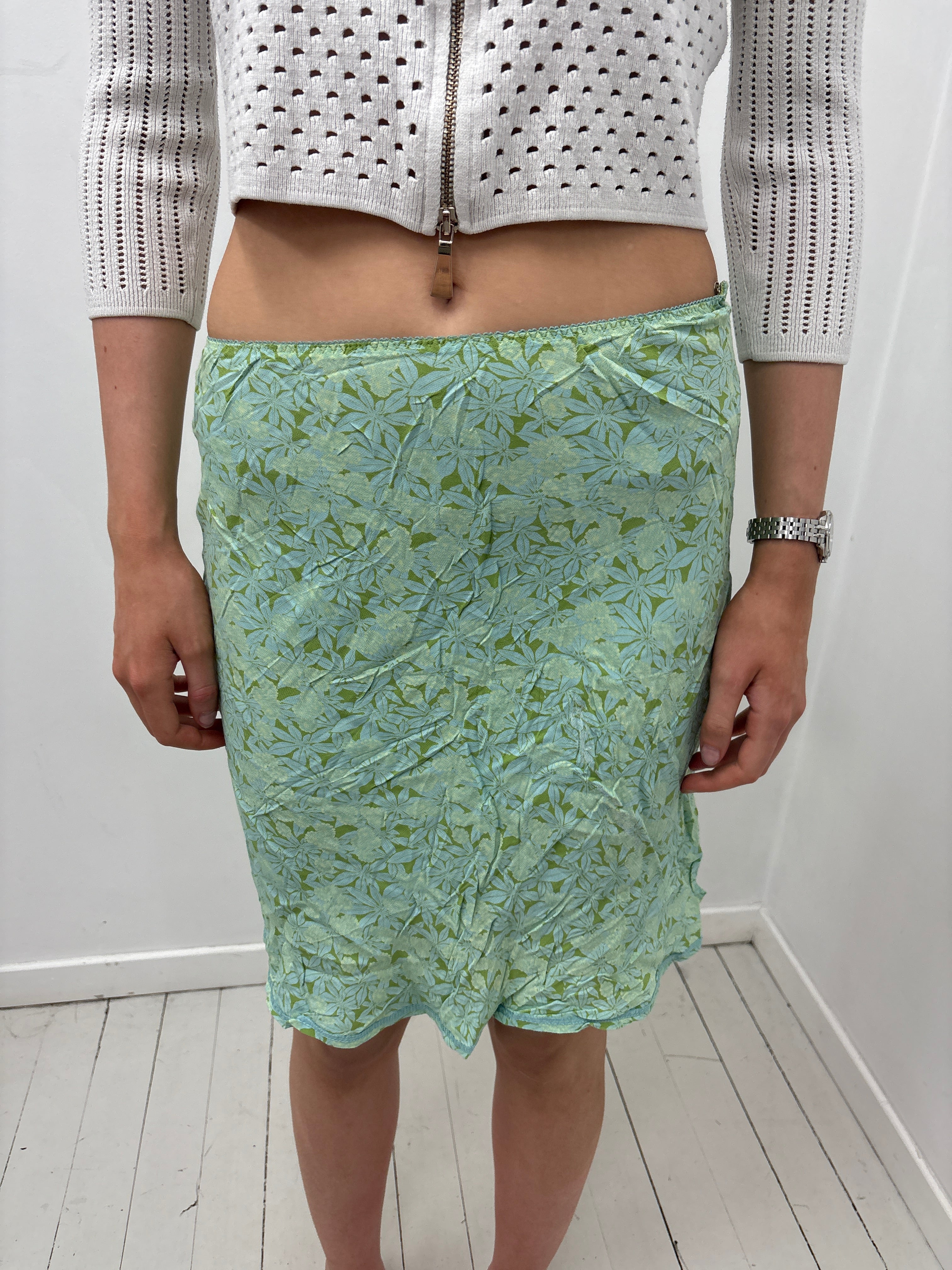 Green Blue Floral Print Midi Skirt