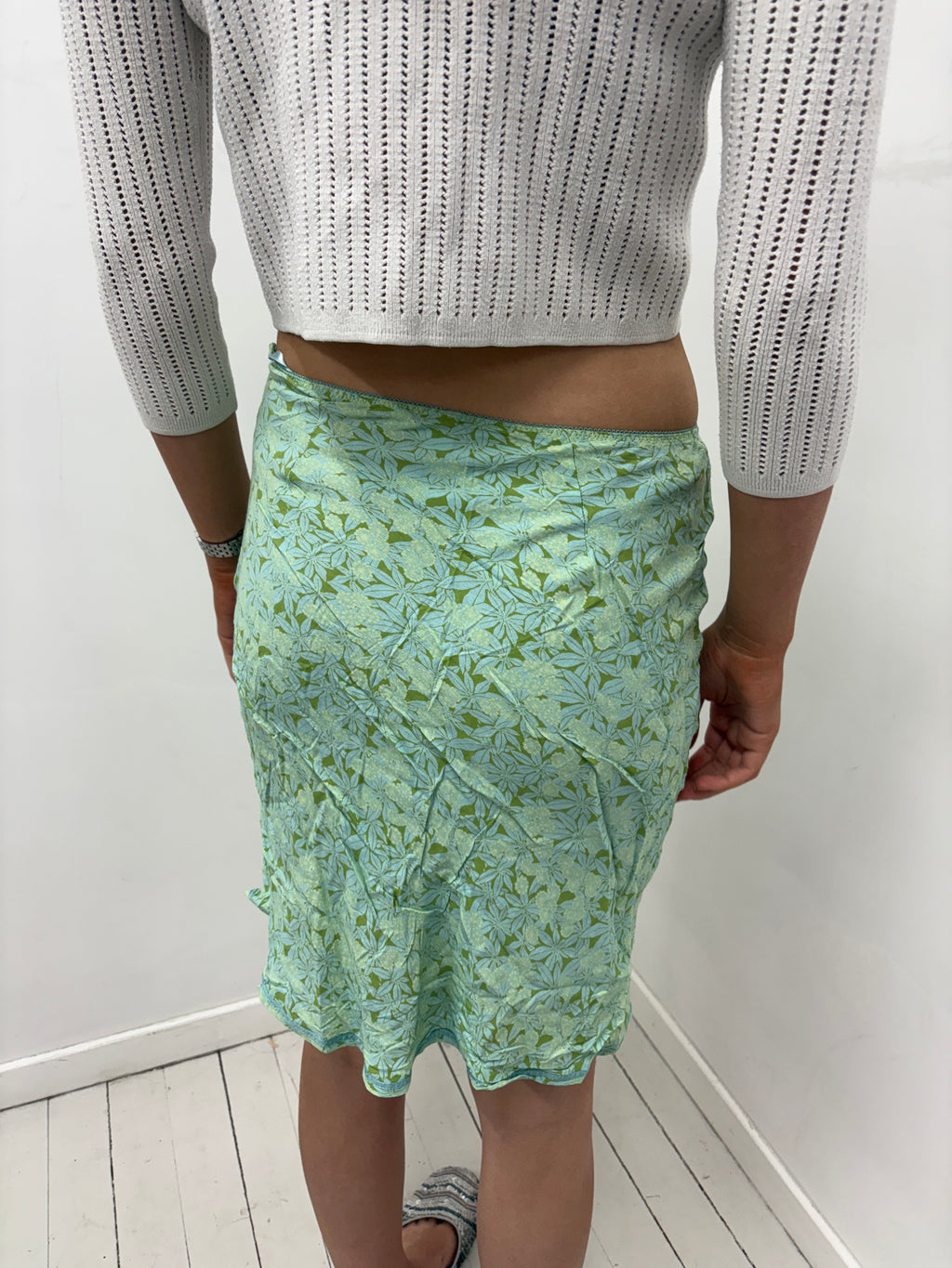 Green Blue Floral Print Midi Skirt