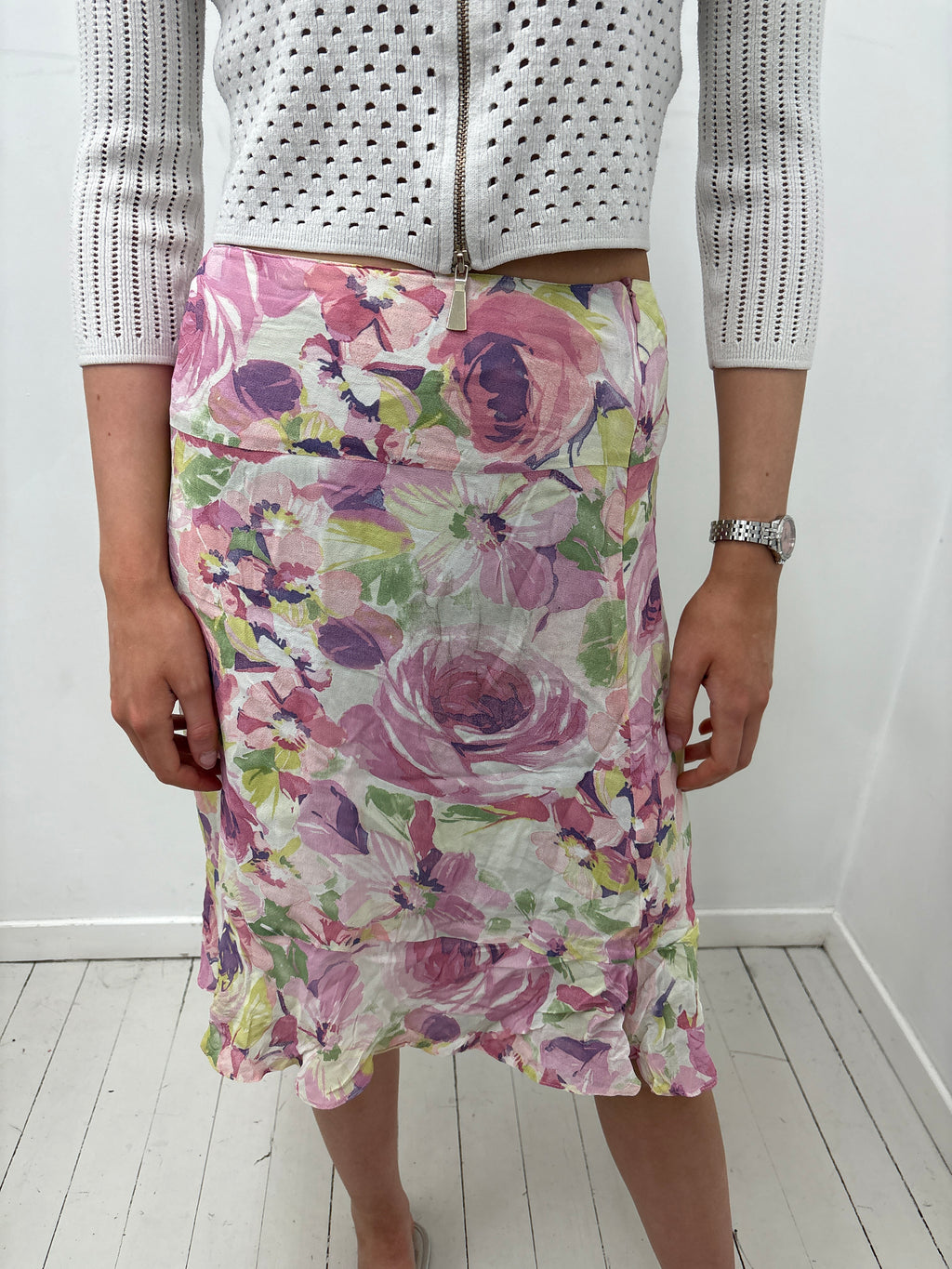Pink Floral Mesh Midi Skirt