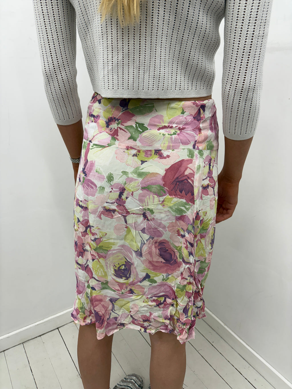 Pink Floral Mesh Midi Skirt