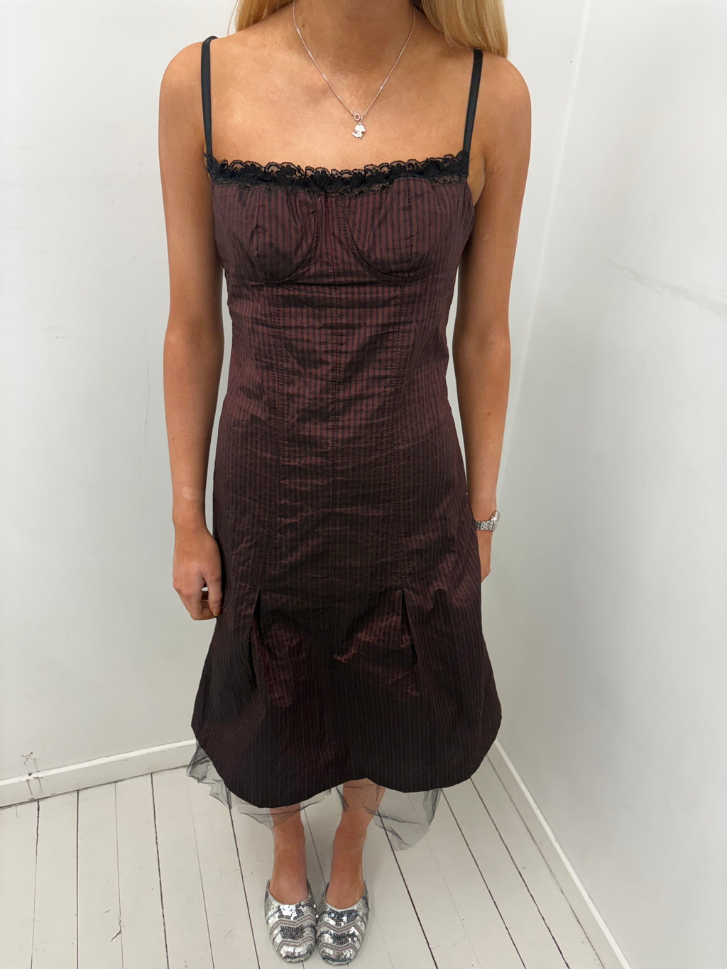 Burgundy Lace Trim Corset Midi Dress