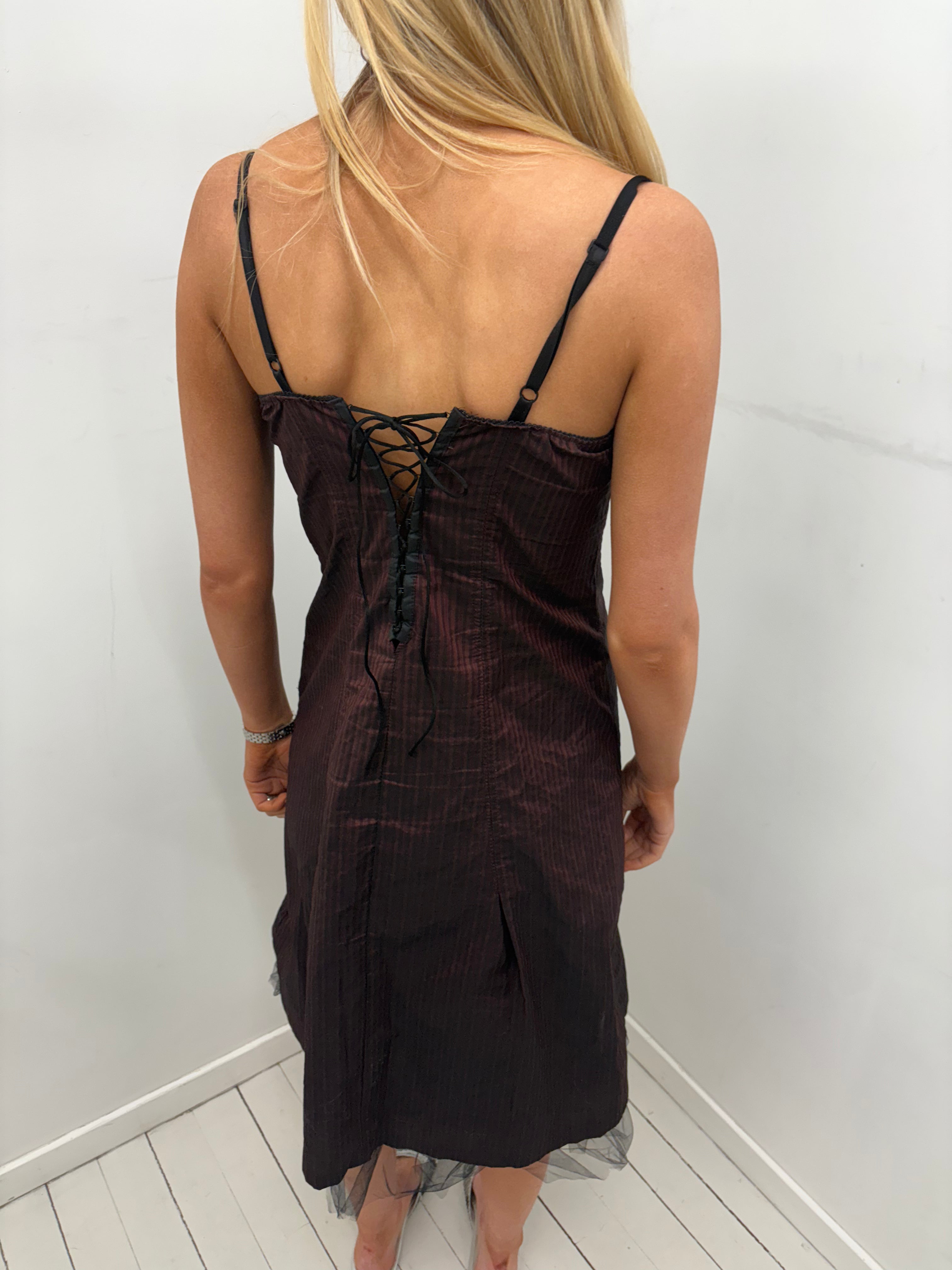 Burgundy Lace Trim Corset Midi Dress