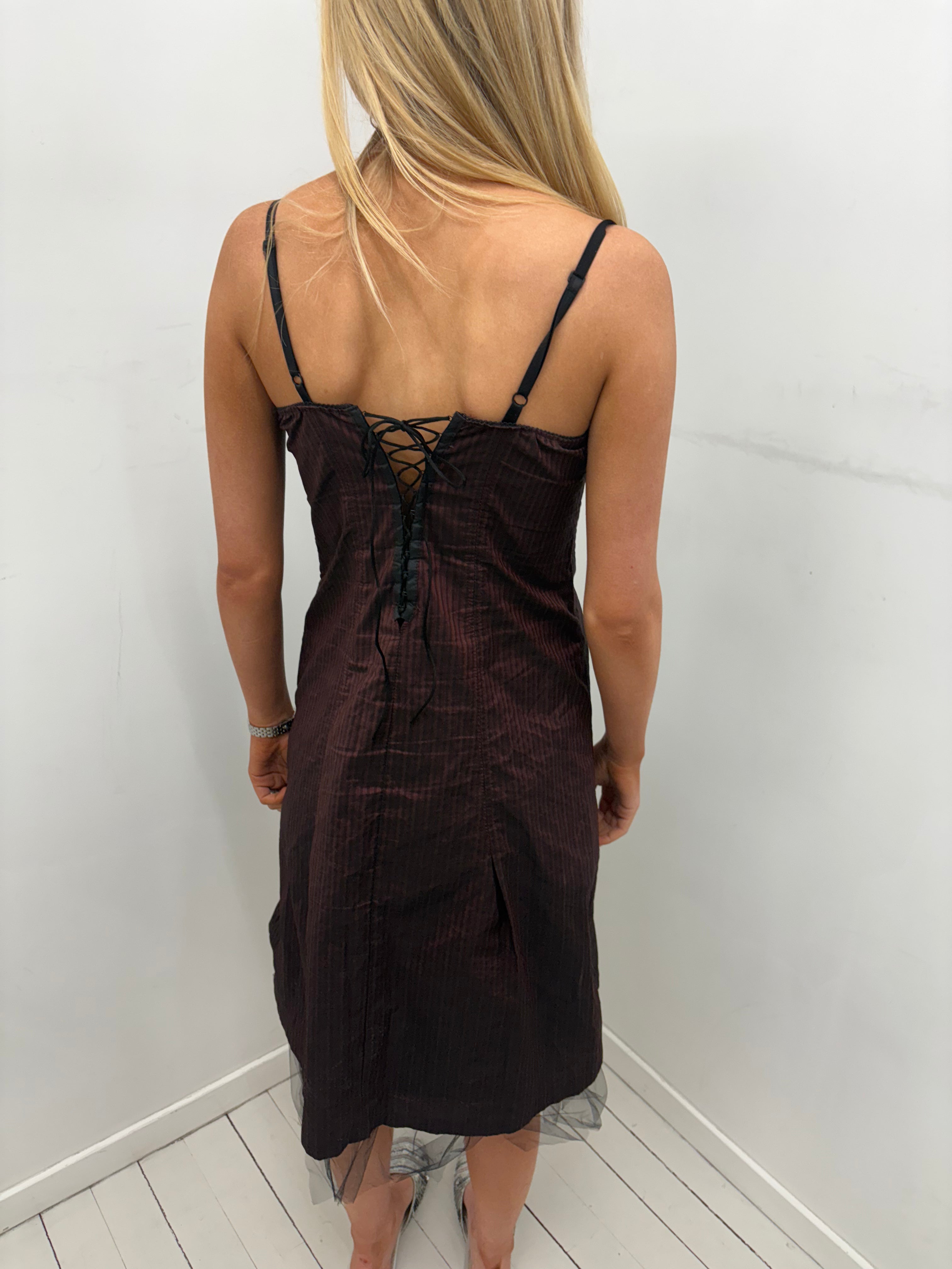 Burgundy Lace Trim Corset Midi Dress