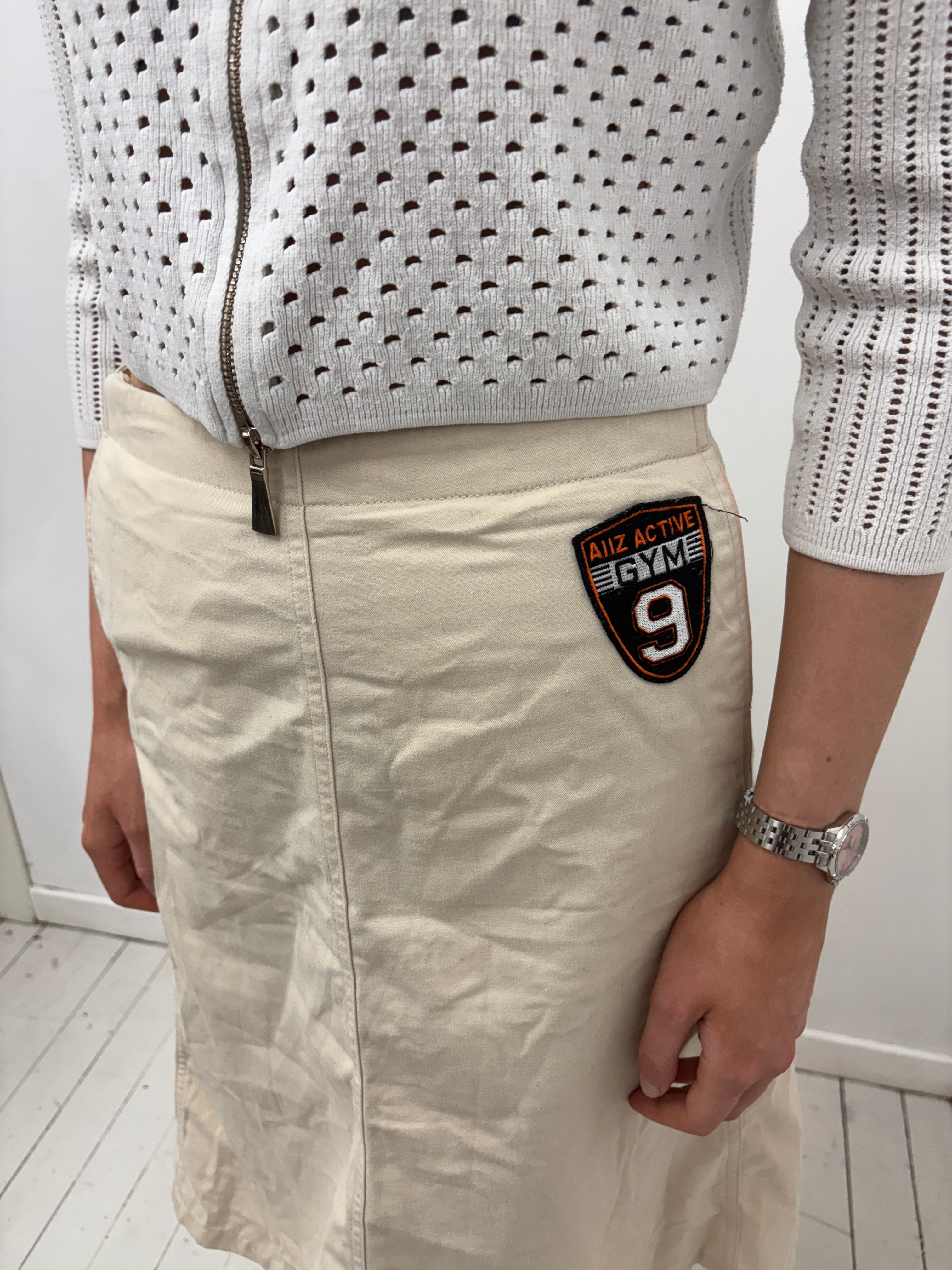 Cream Midi Skirt with Gym Patch Detail