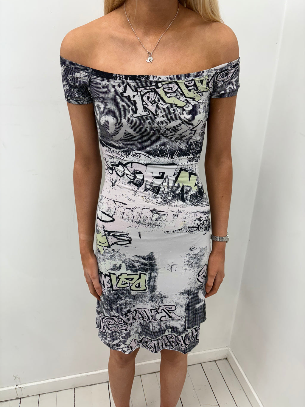 Just Cavalli Graffiti Print Off-Shoulder Dress