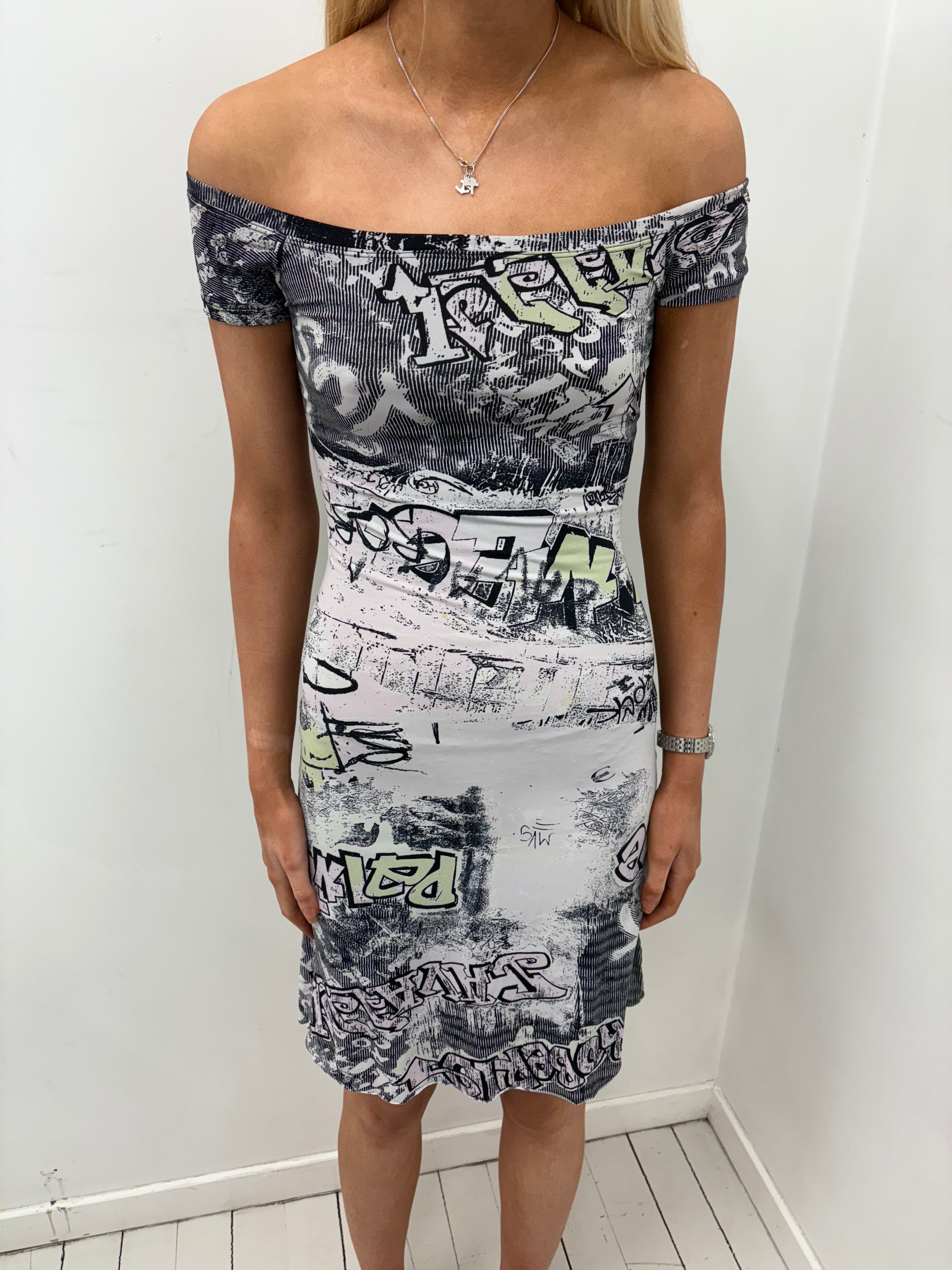 Just Cavalli Graffiti Print Off-Shoulder Dress