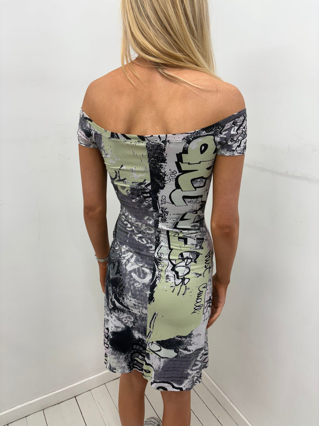 Just Cavalli Graffiti Print Off-Shoulder Dress