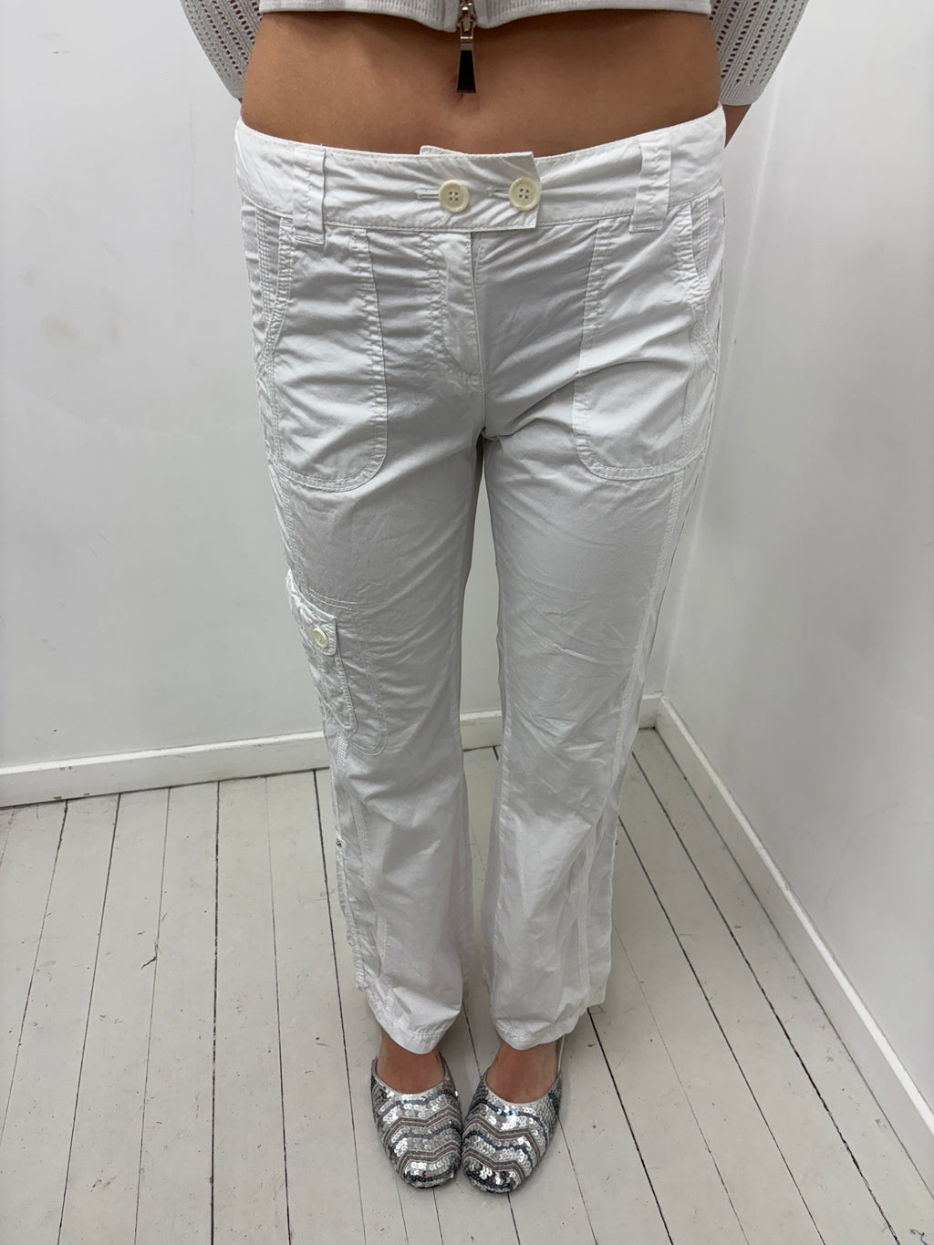 White Cargo Capri Pants with Button Details