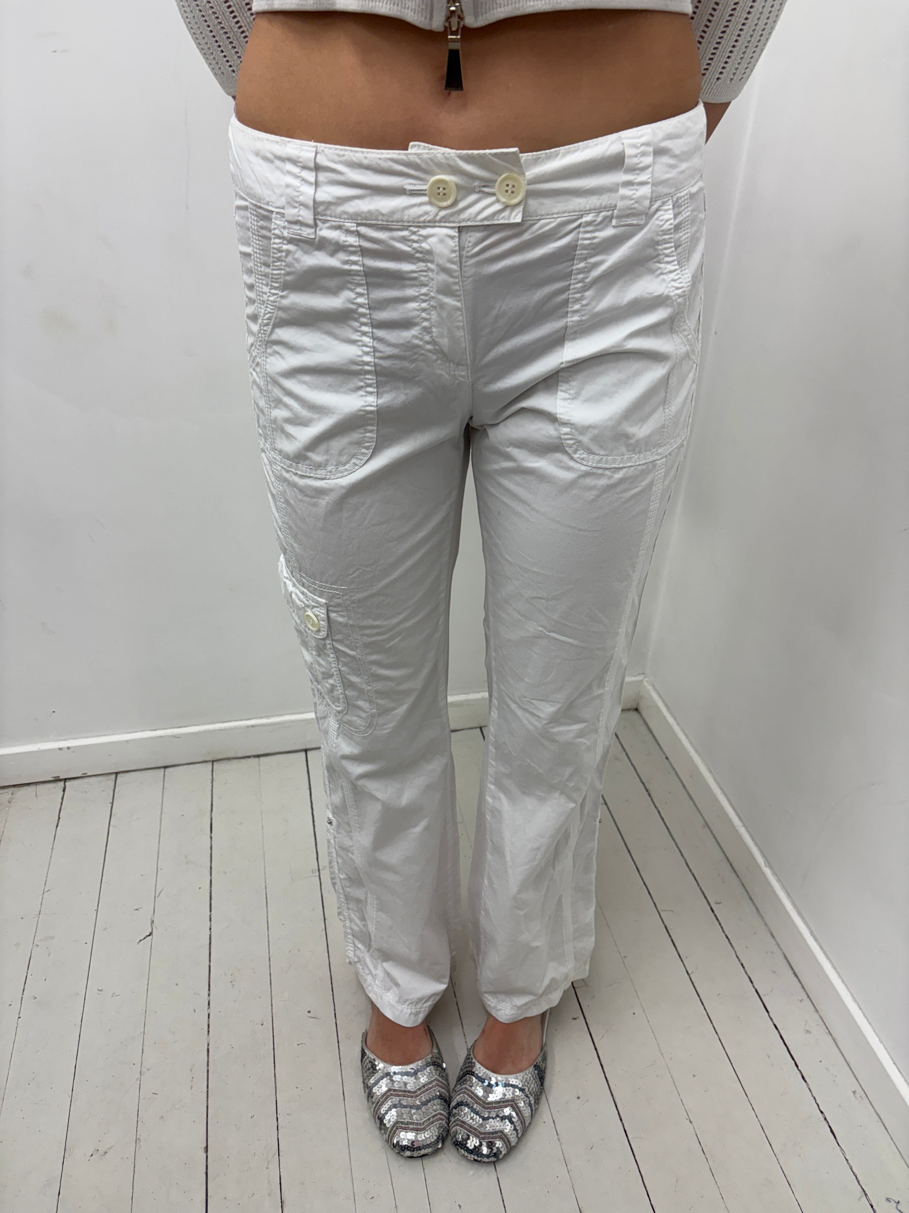White Cargo Capri Pants with Button Details