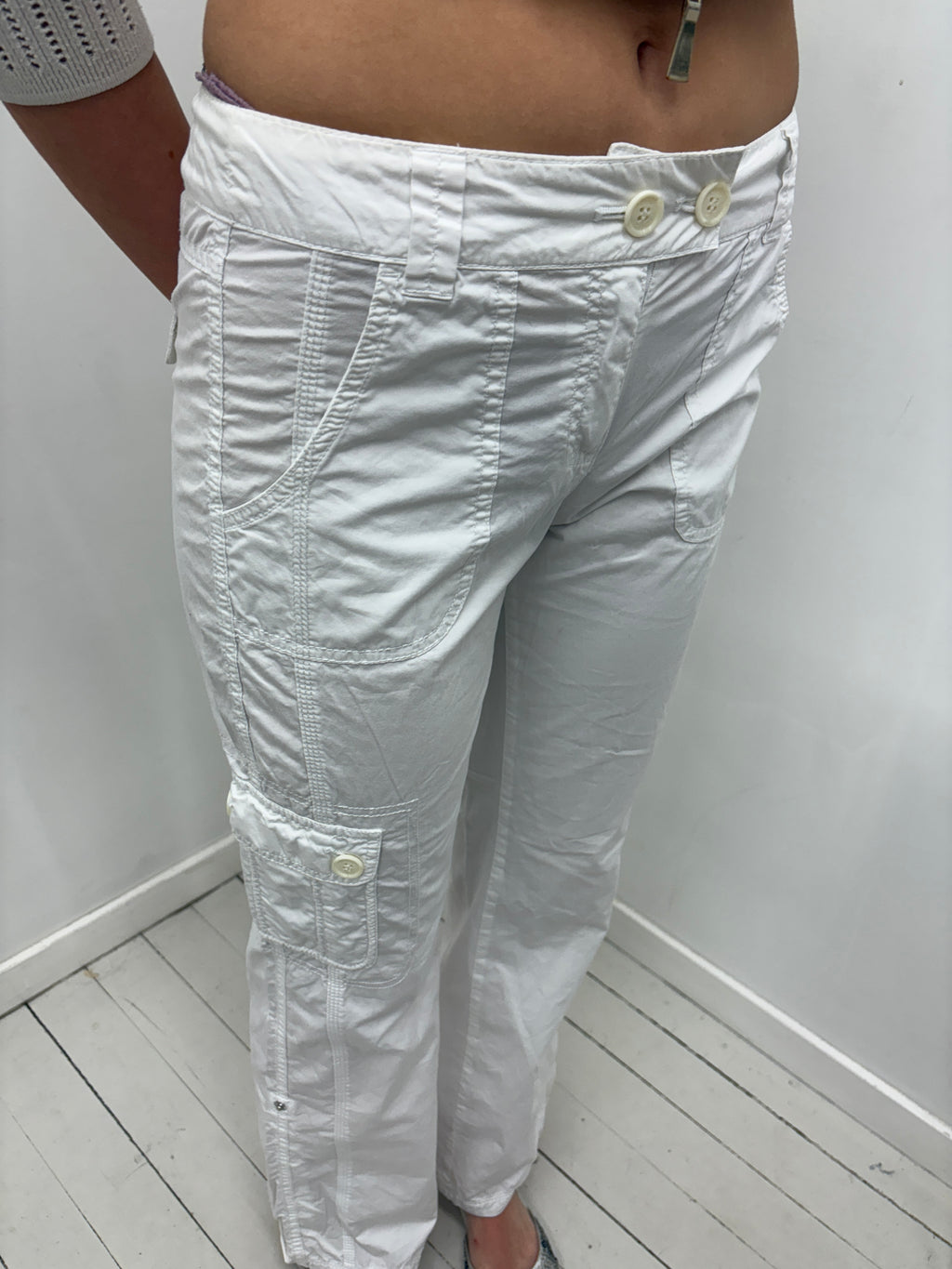 White Cargo Capri Pants with Button Details