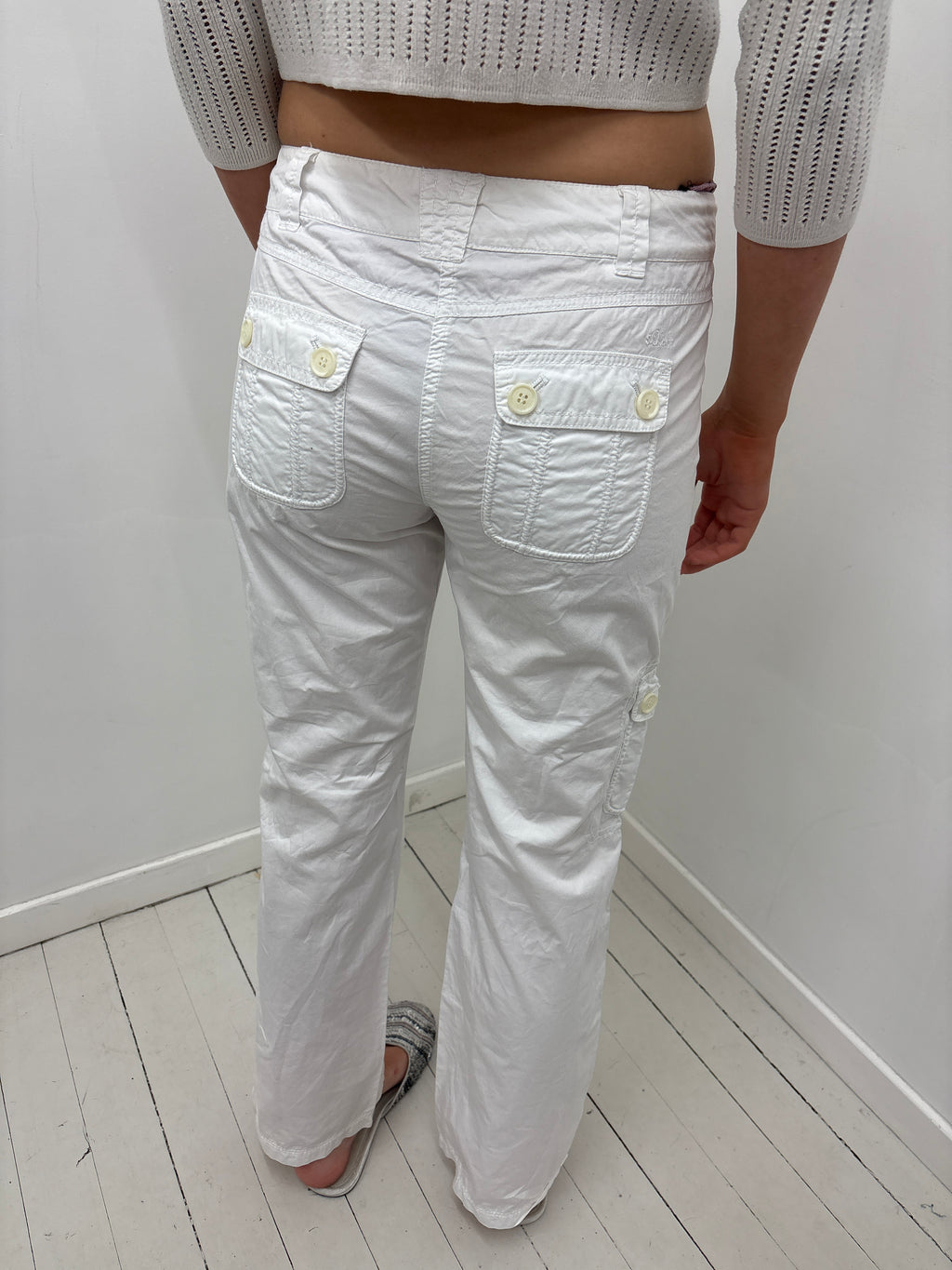 White Cargo Capri Pants with Button Details