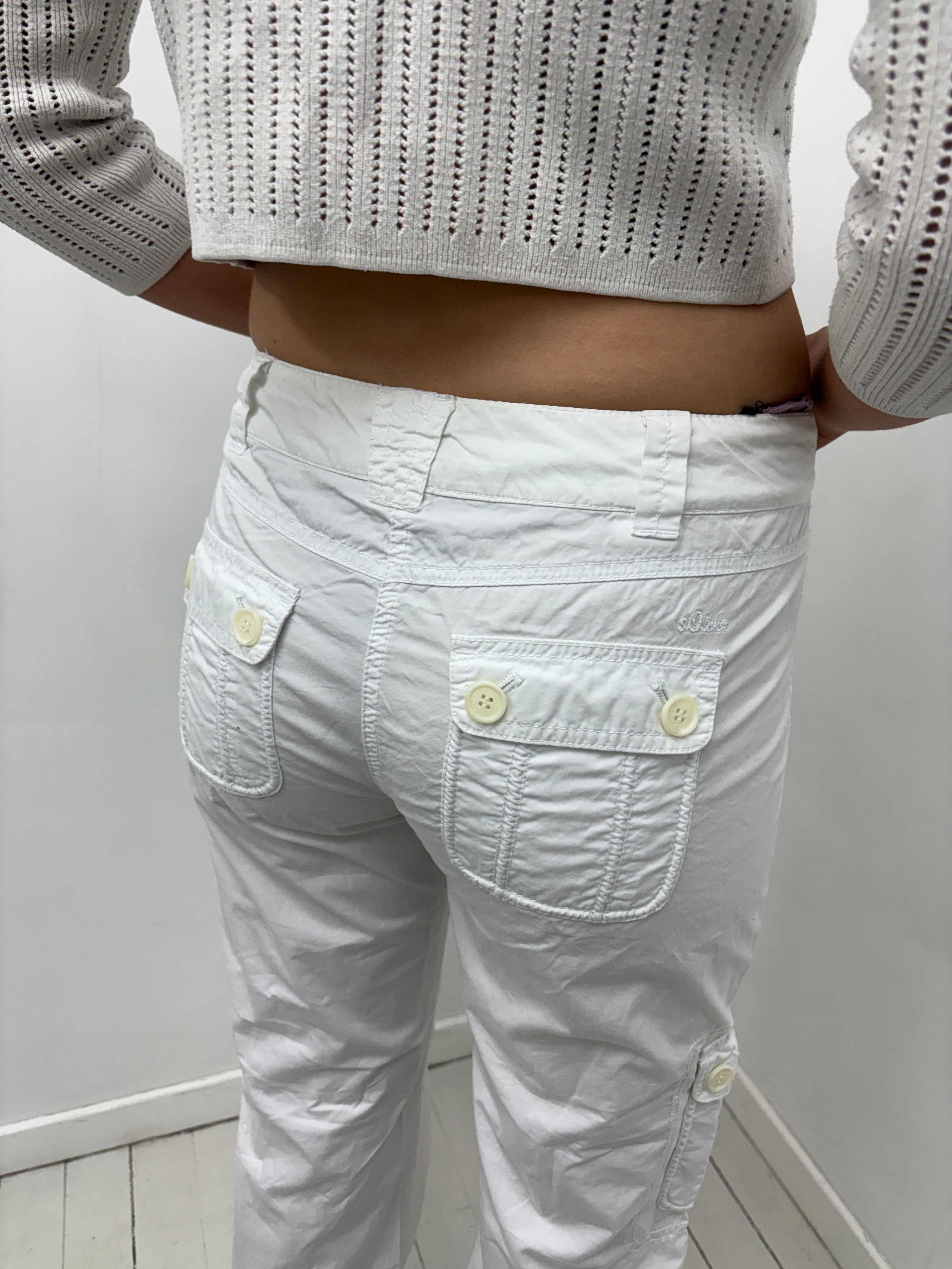 White Cargo Capri Pants with Button Details