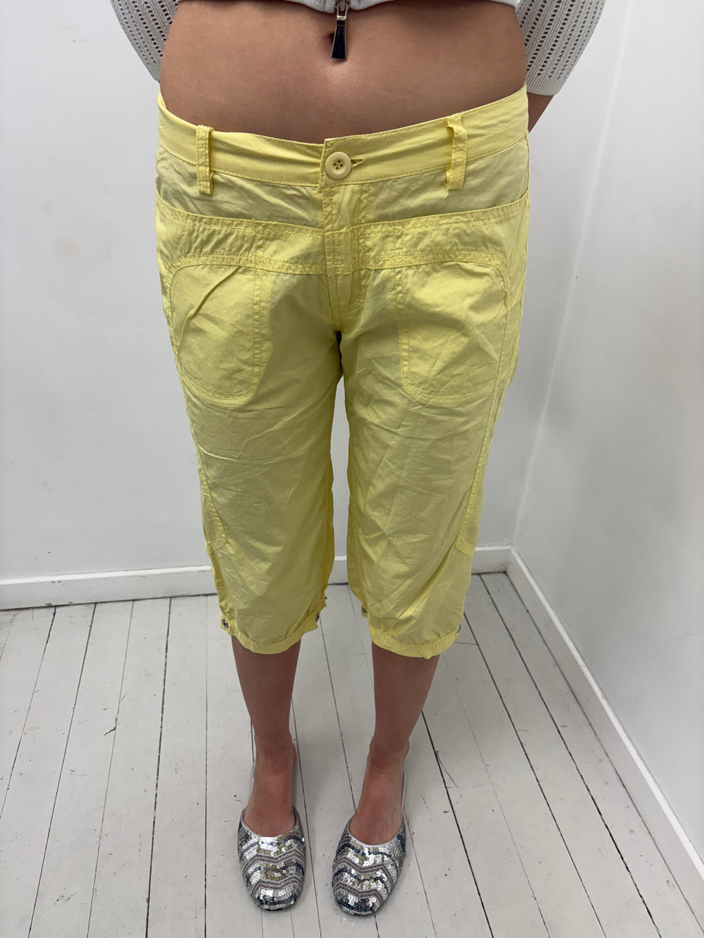 Yellow Cropped Cargo Capri Pants