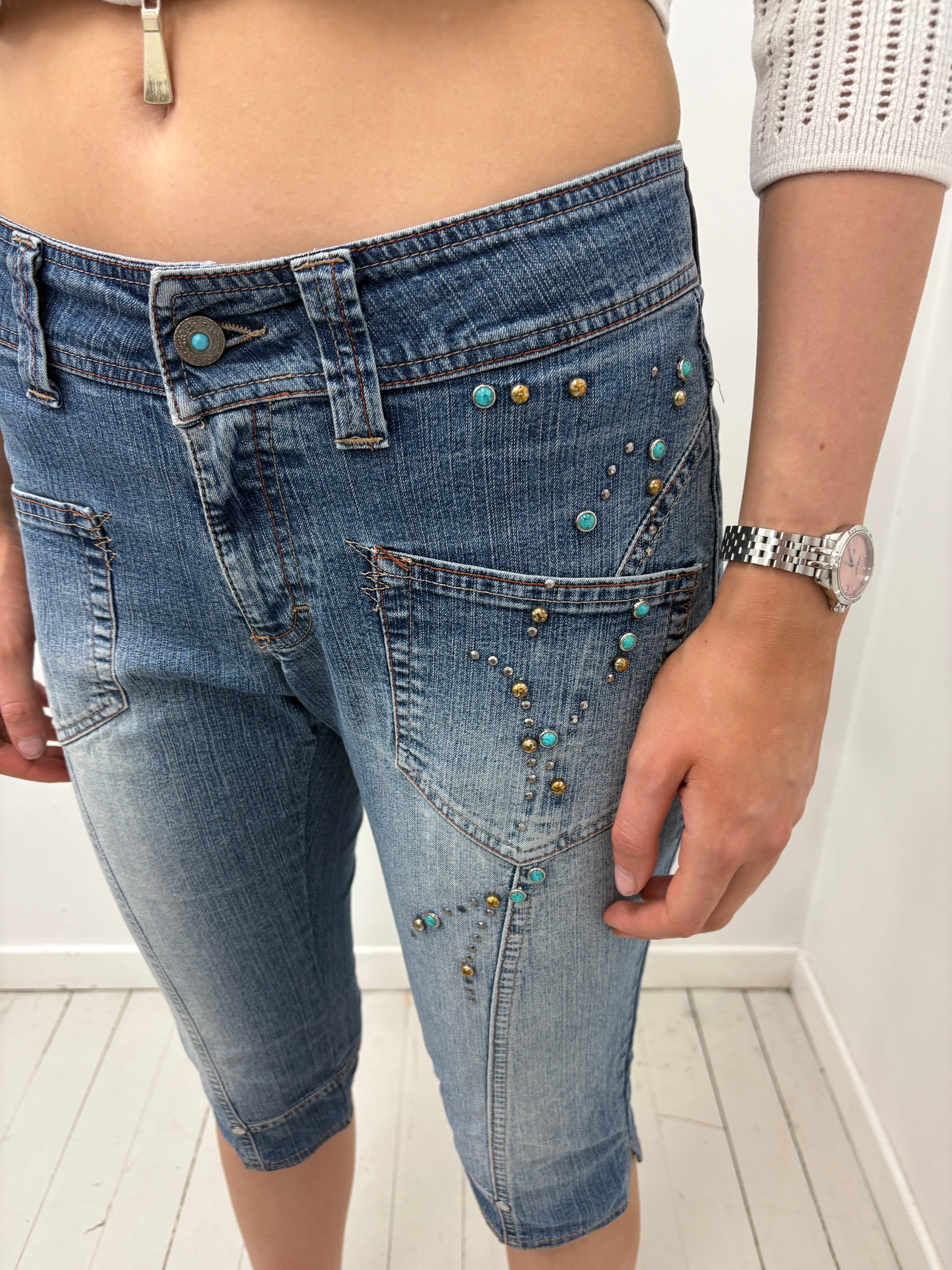 Denim Bermuda Shorts with Turquoise Studs
