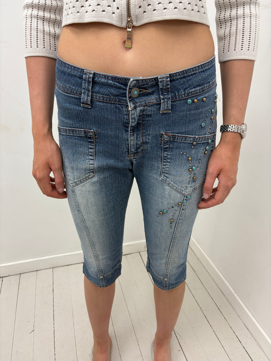Denim Bermuda Shorts with Turquoise Studs