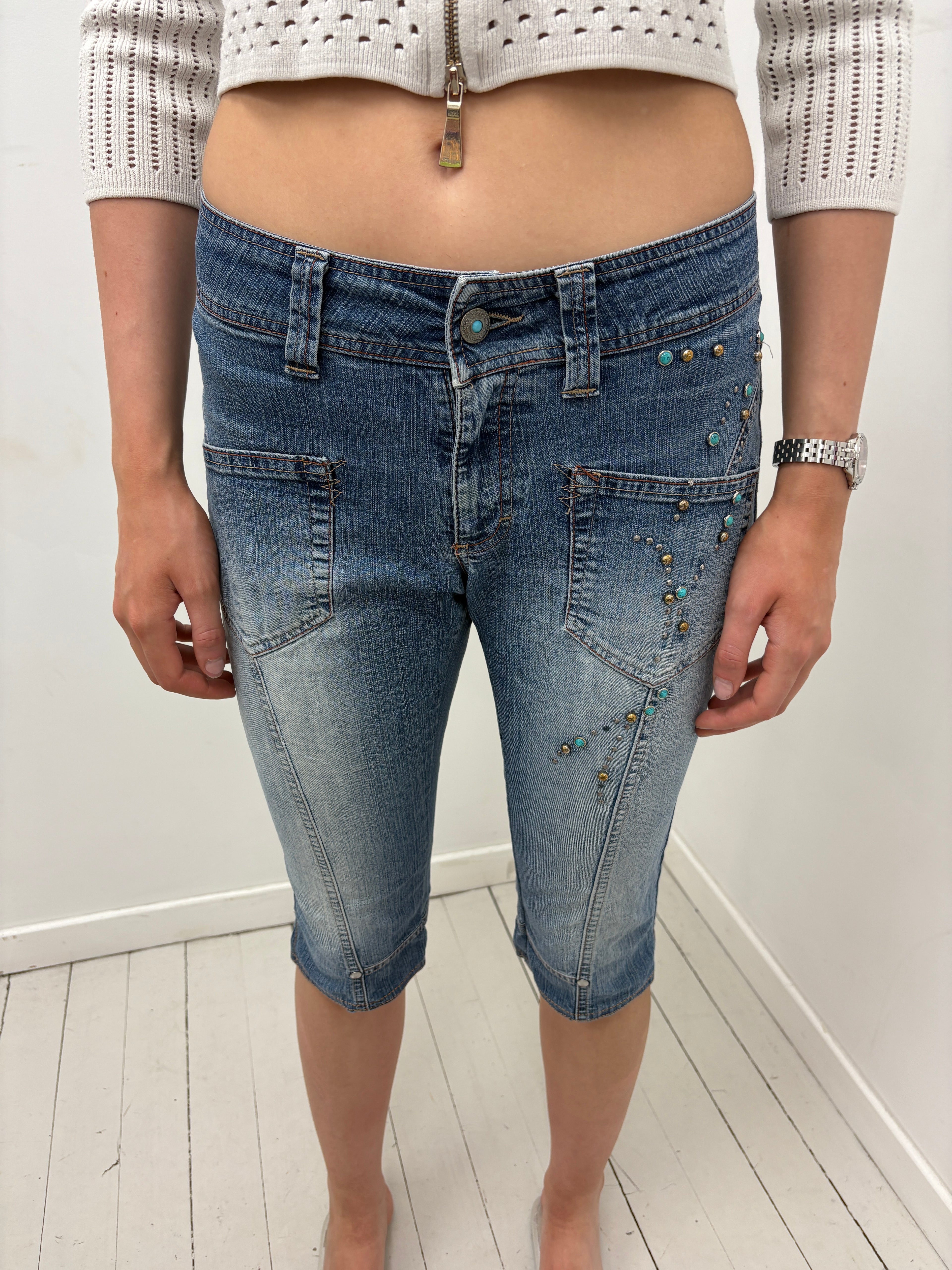 Denim Bermuda Shorts with Turquoise Studs