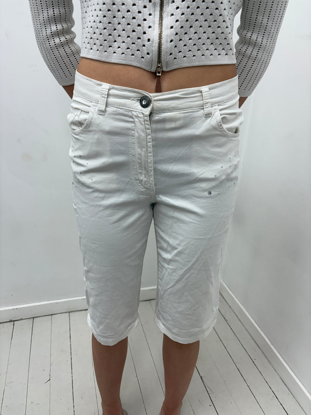 White Denim Capri Shorts with Rhinestone Detail
