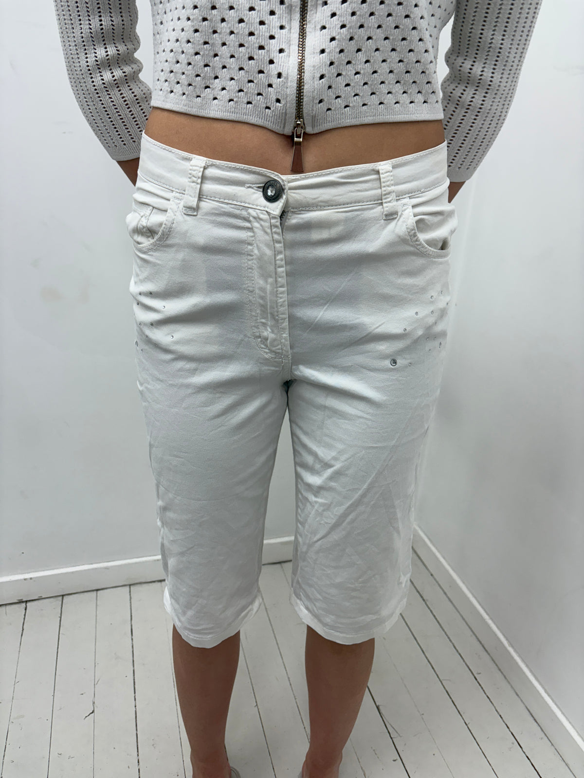 White Denim Capri Shorts with Rhinestone Detail