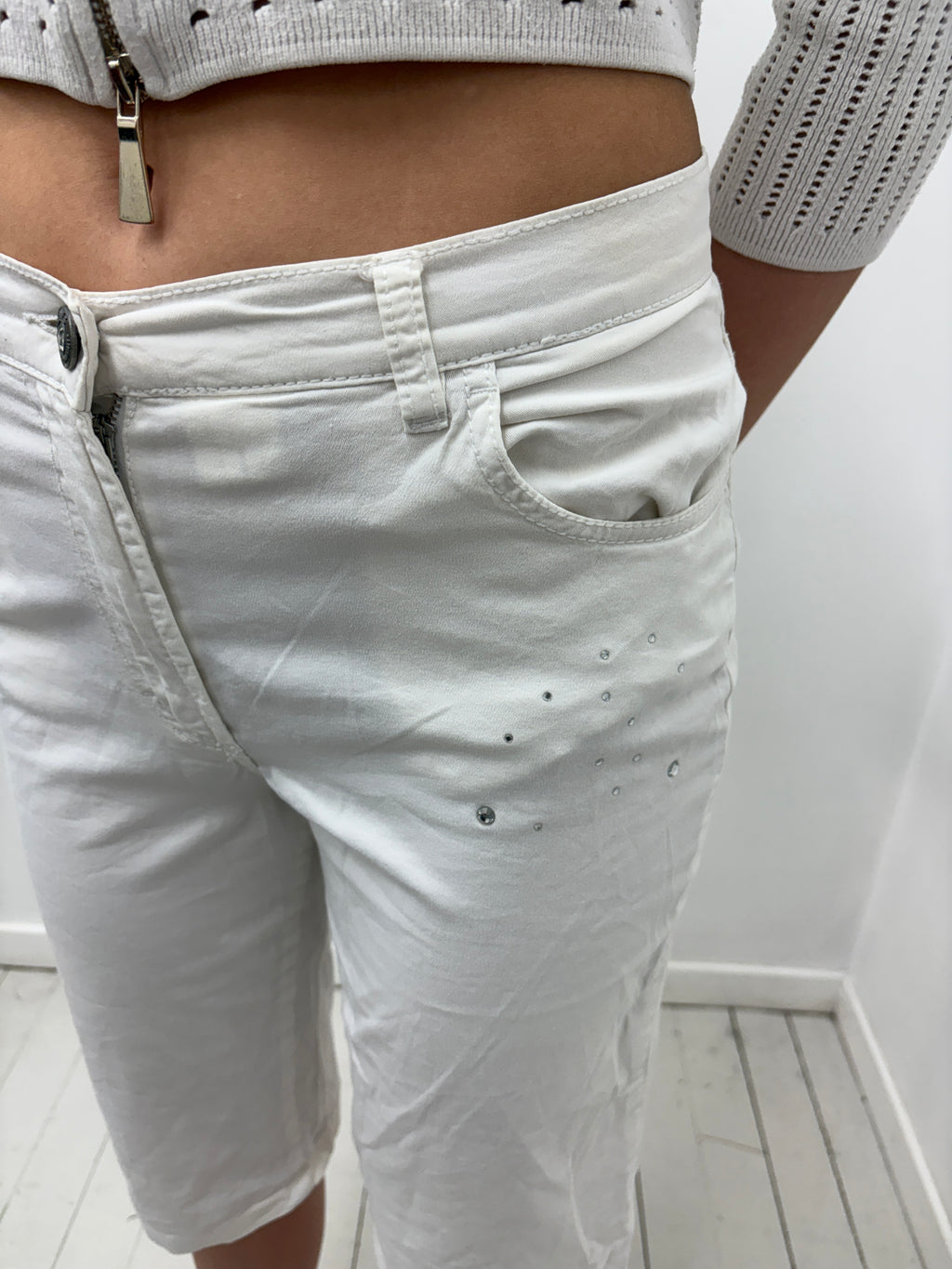 White Denim Capri Shorts with Rhinestone Detail
