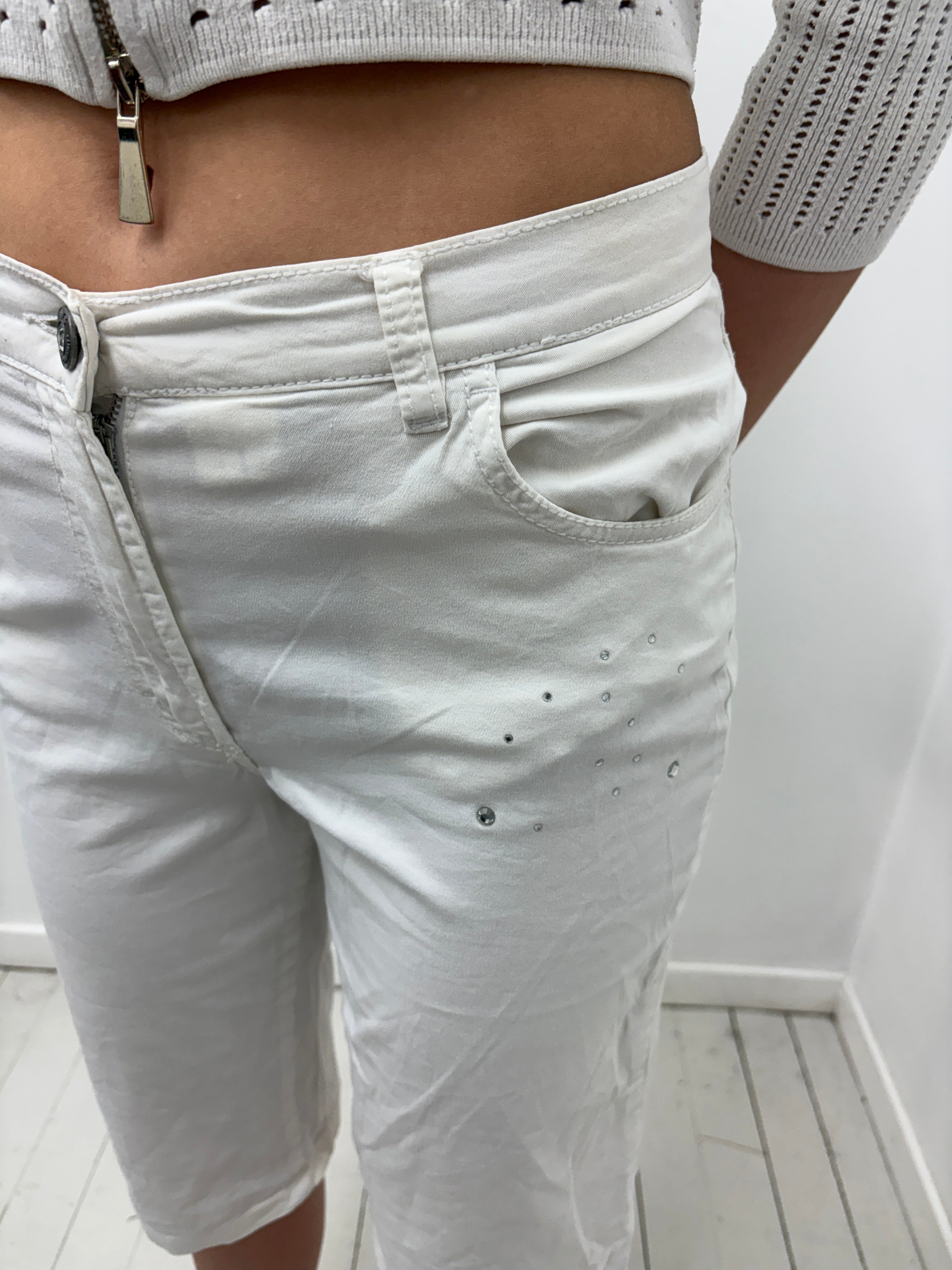 White Denim Capri Shorts with Rhinestone Detail