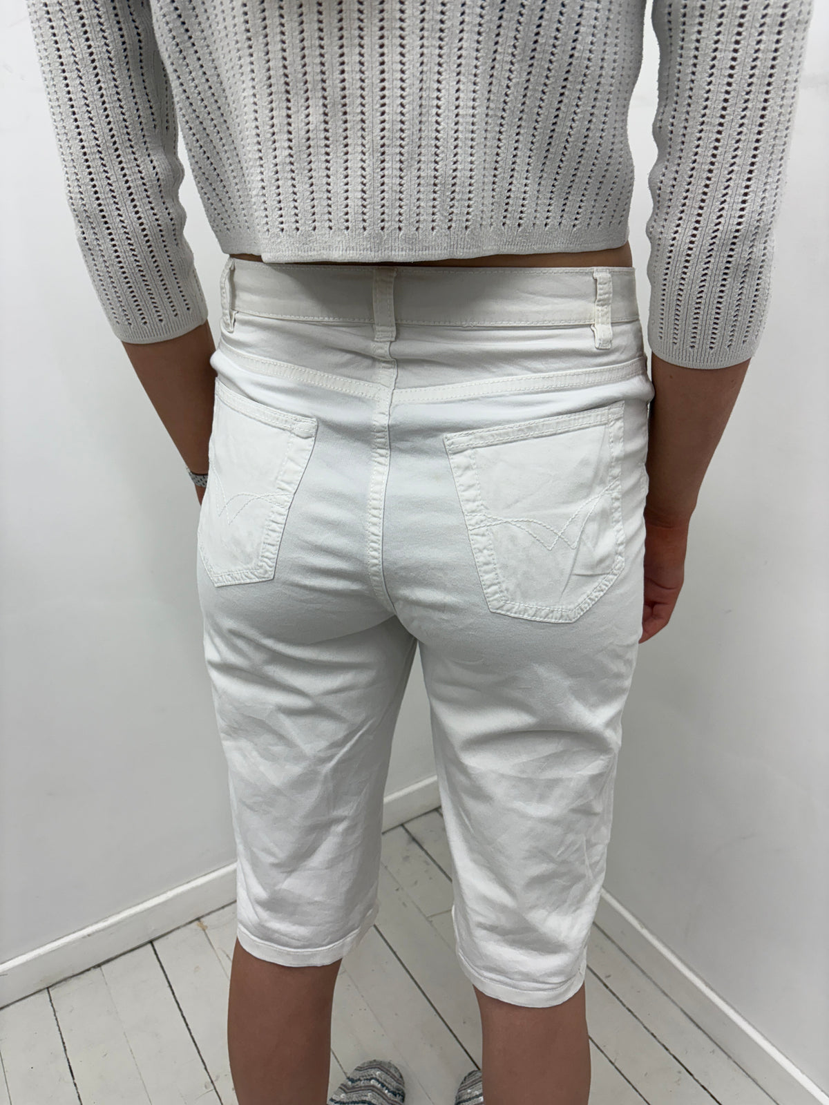 White Denim Capri Shorts with Rhinestone Detail