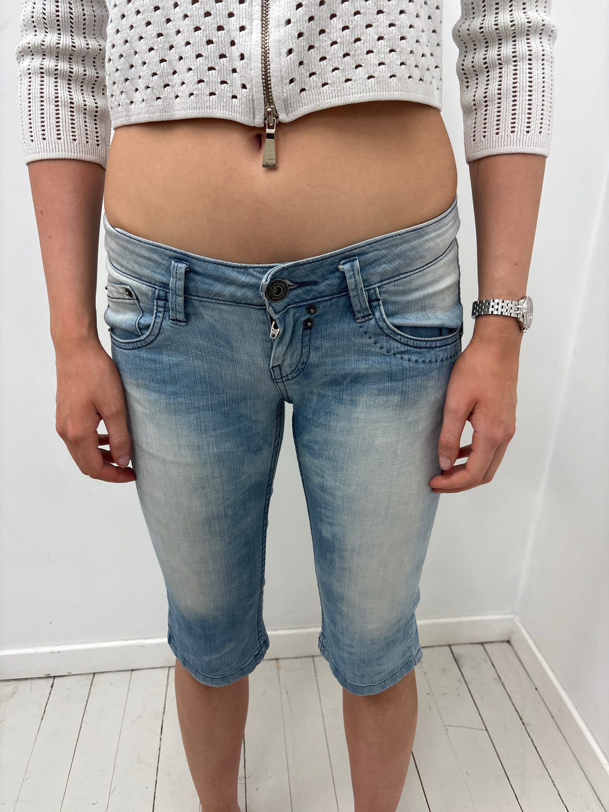 Fishbone Light Wash Denim Capris